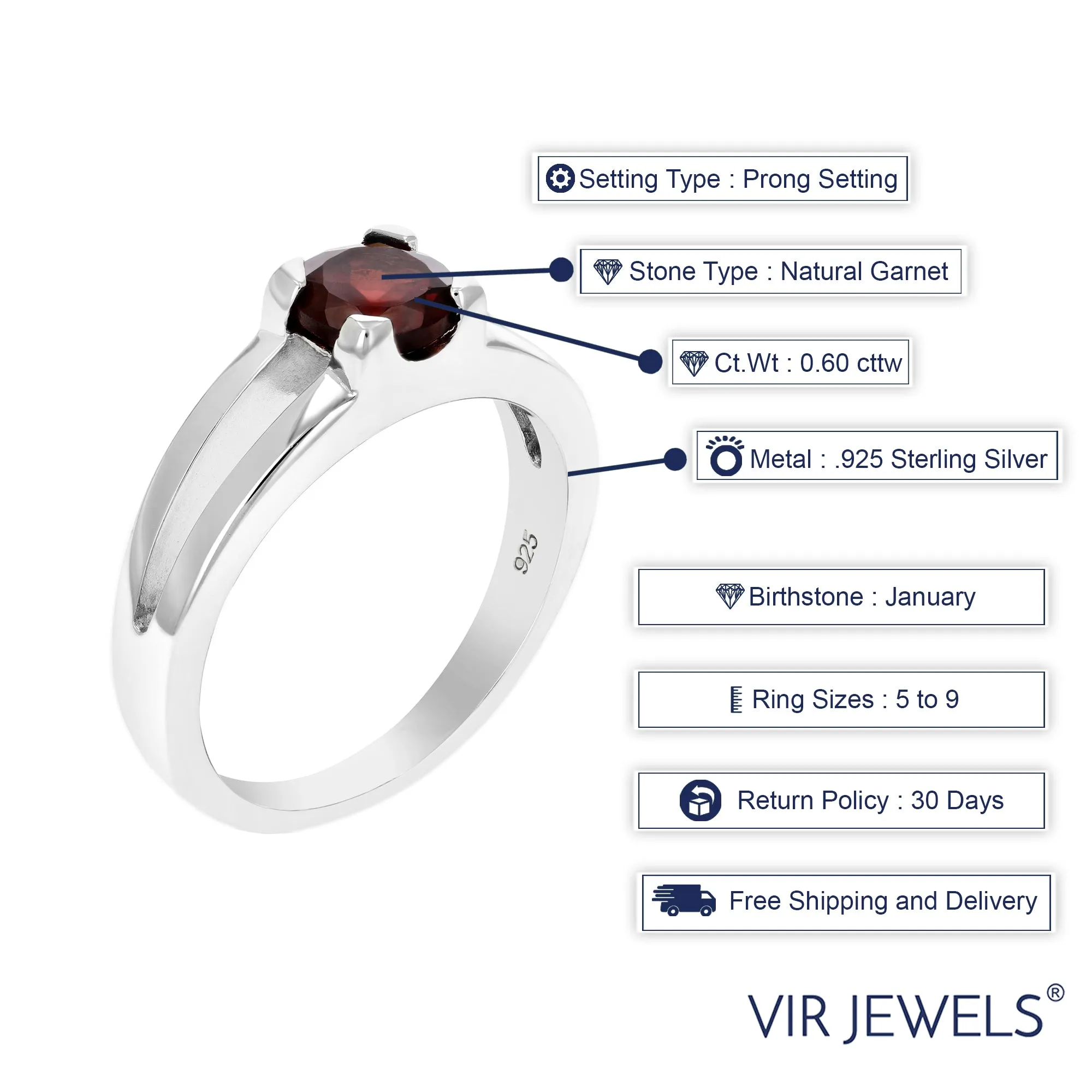 0.60 cttw Garnet Ring .925 Sterling Silver with Rhodium Plating Round Shape 6 MM