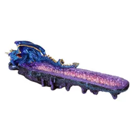 10.75" Blue Dragon on Amethyst Geode Stick Incense Burner