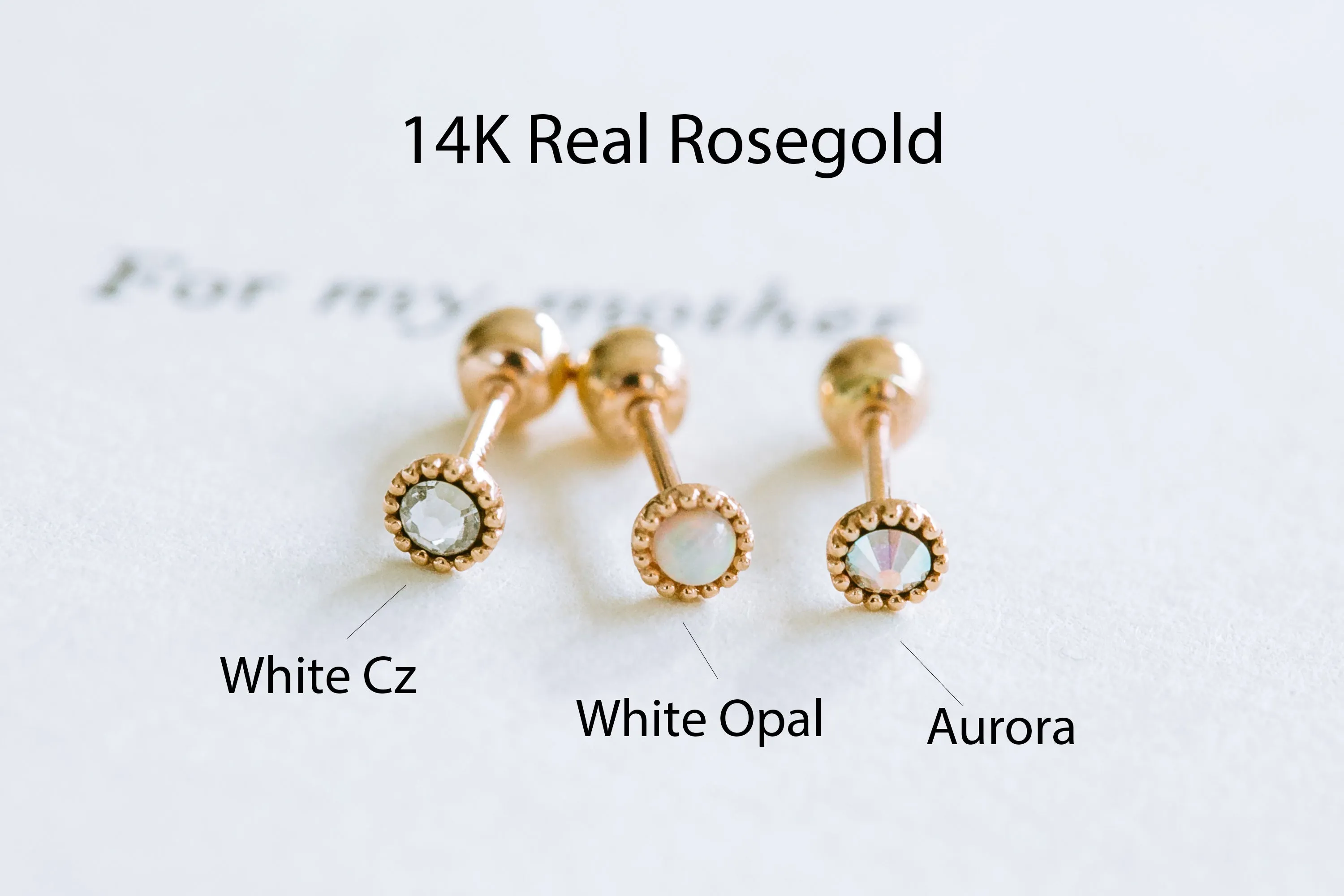 14K Real Solid Gold Jewelry Stone CZ Opal Round Circle Barbell Ear Stud Piercing