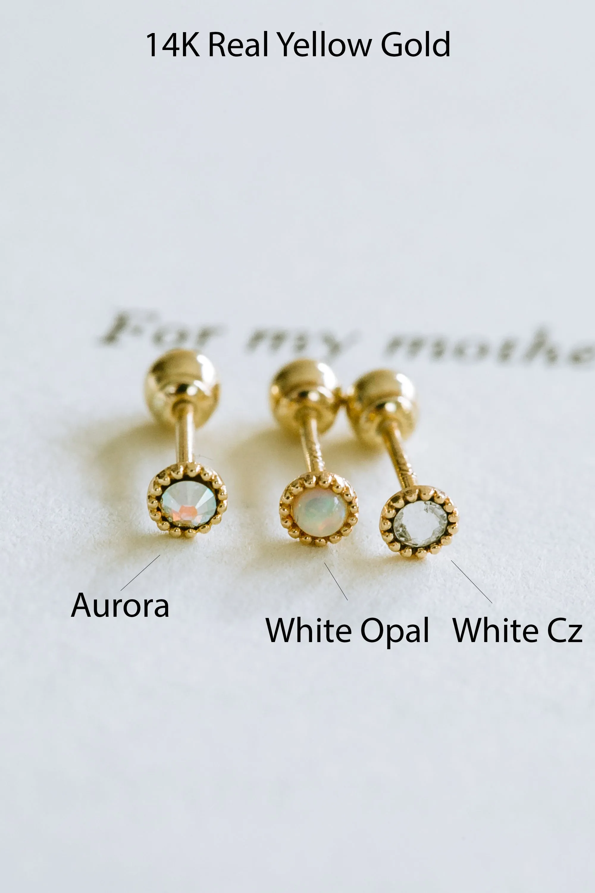 14K Real Solid Gold Jewelry Stone CZ Opal Round Circle Barbell Ear Stud Piercing