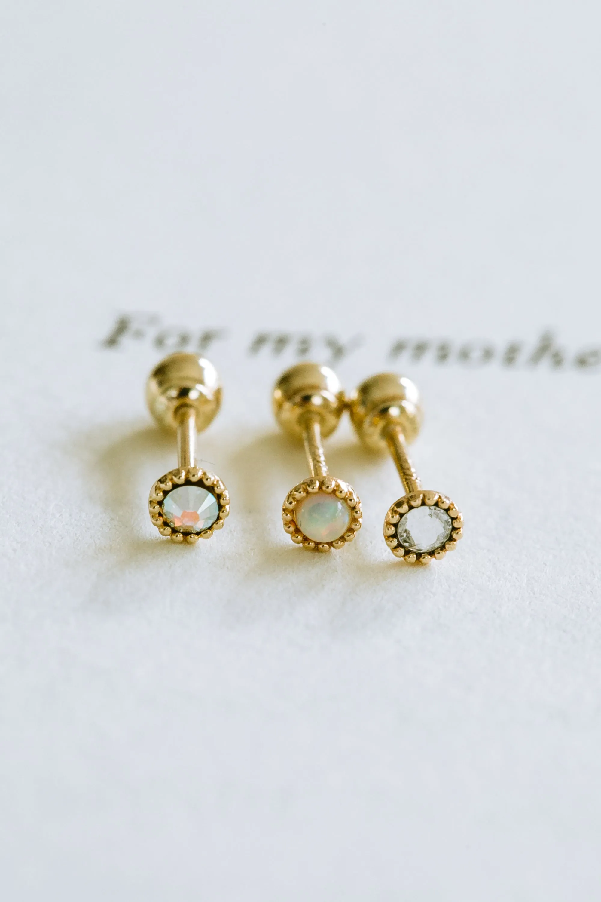 14K Real Solid Gold Jewelry Stone CZ Opal Round Circle Barbell Ear Stud Piercing