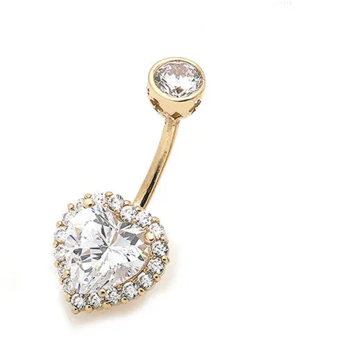 14K Solid Gold Cz Heart Top Bottom Healed Male Belly Bar Button Ring Piercing Women Jewelry