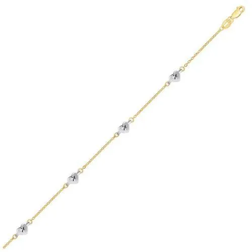 14k Two Tone Gold Anklet with Diamond Cut Heart Style Stations, size 10''