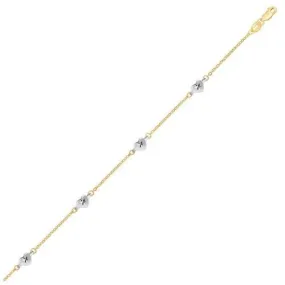 14k Two Tone Gold Anklet with Diamond Cut Heart Style Stations, size 10''