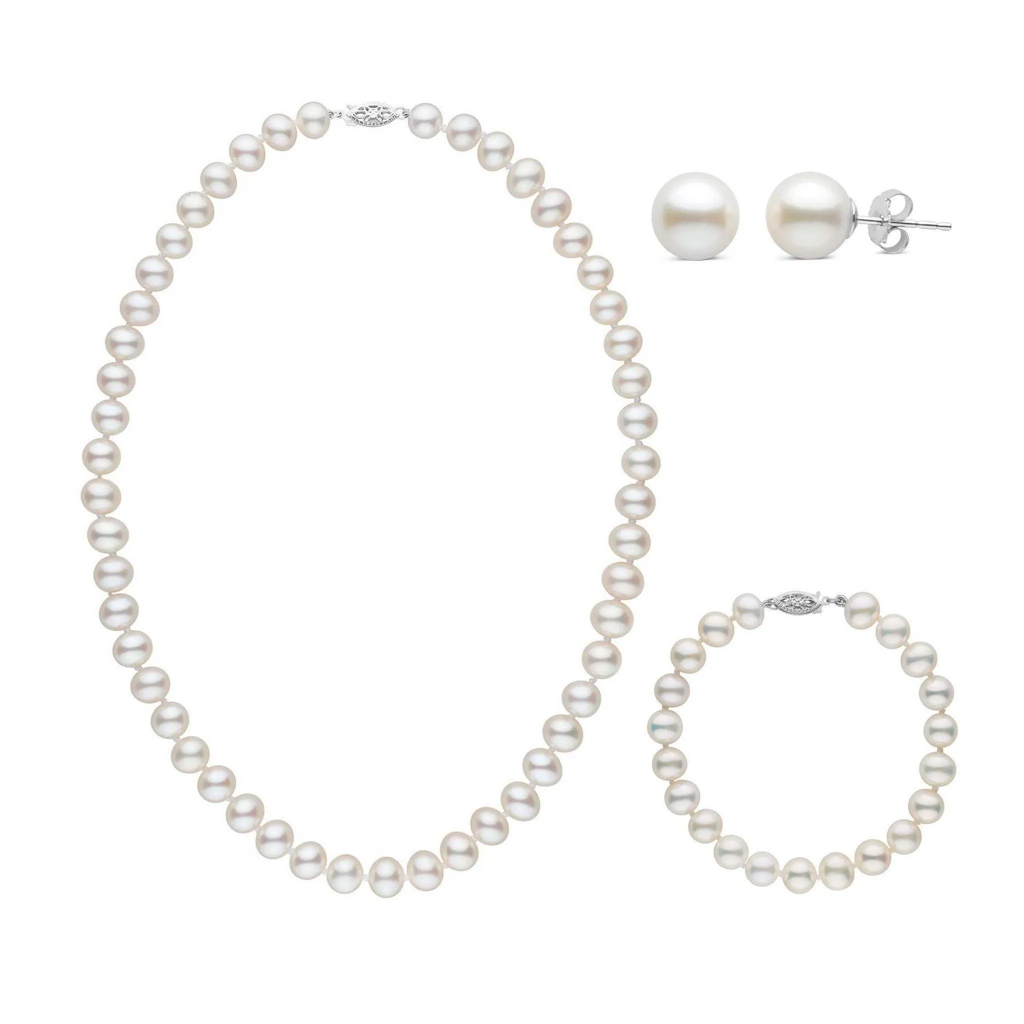 16 Inch 3 Piece Set of 7.5-8.0 mm AA  White Freshwater Pearls