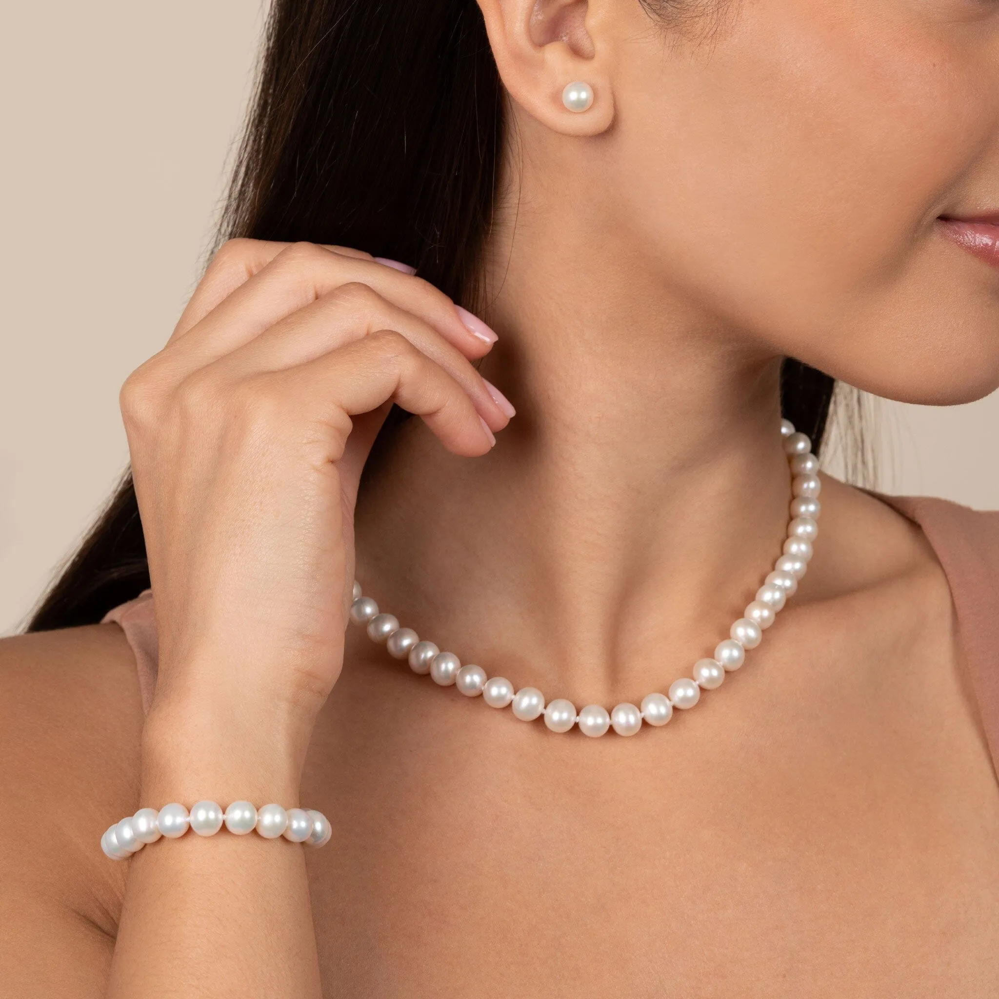 16 Inch 3 Piece Set of 7.5-8.0 mm AA  White Freshwater Pearls