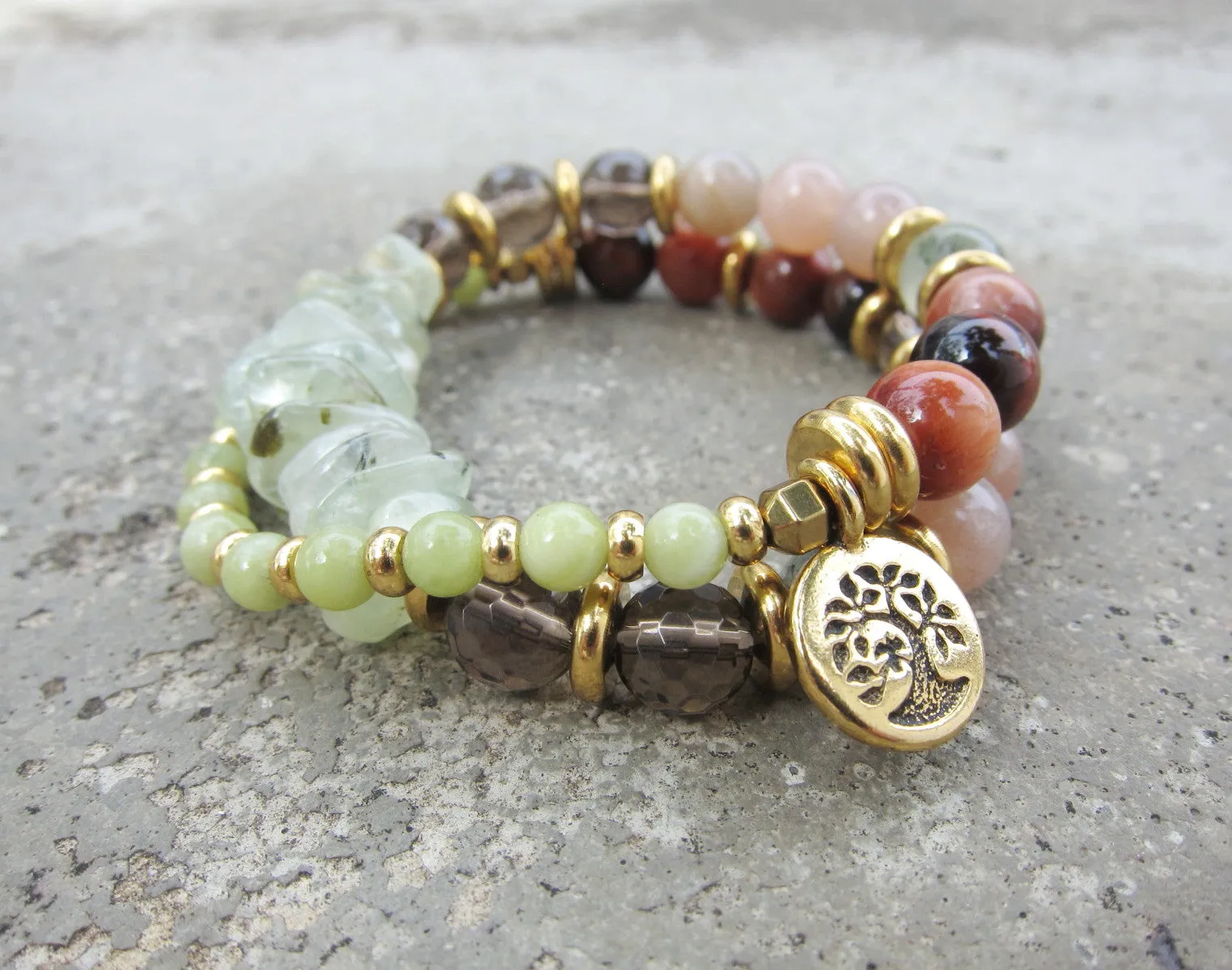 27 Bead Mala in Smoky Quartz, Sunstone, Prehnite Bracelet