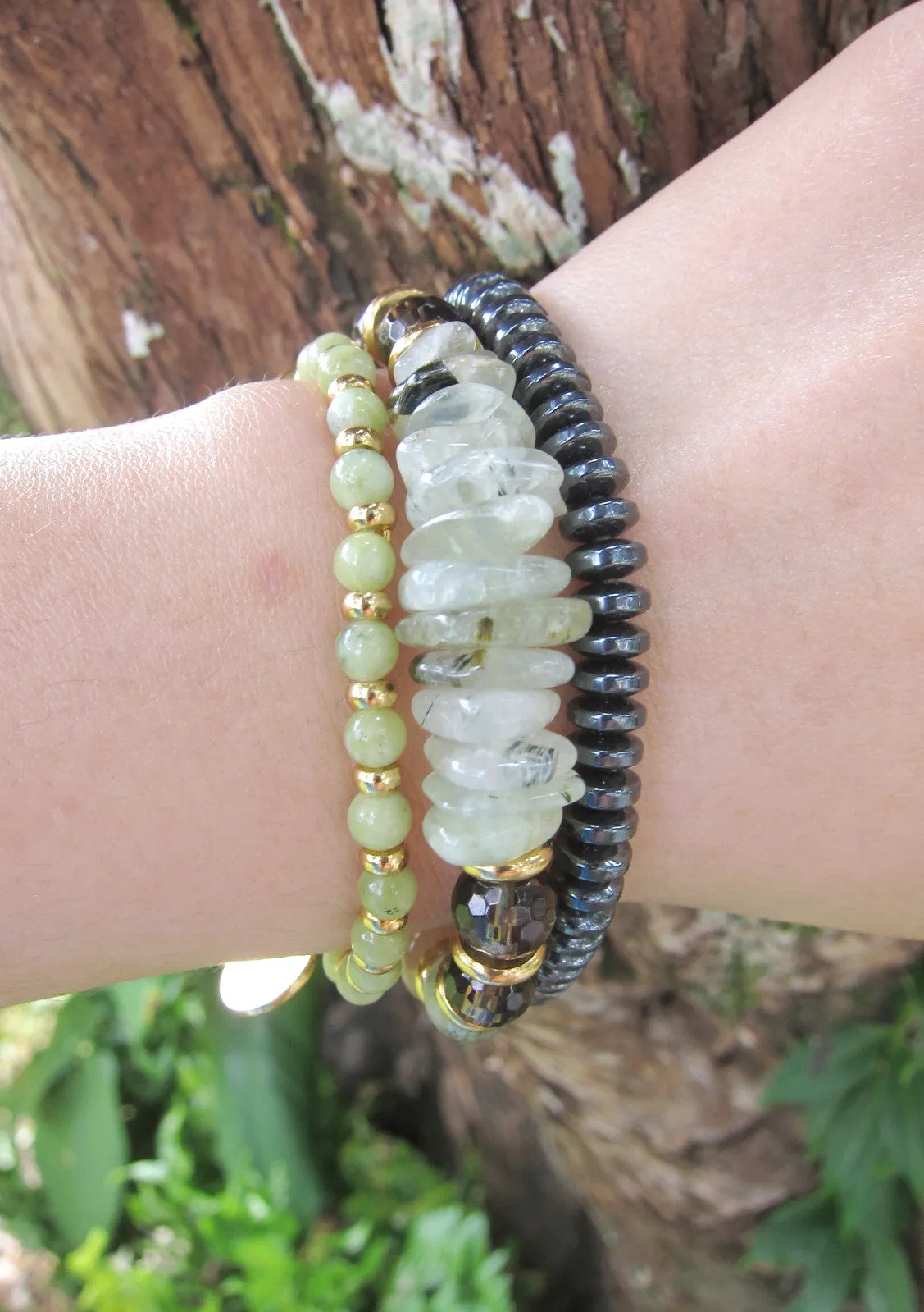 27 Bead Mala in Smoky Quartz, Sunstone, Prehnite Bracelet