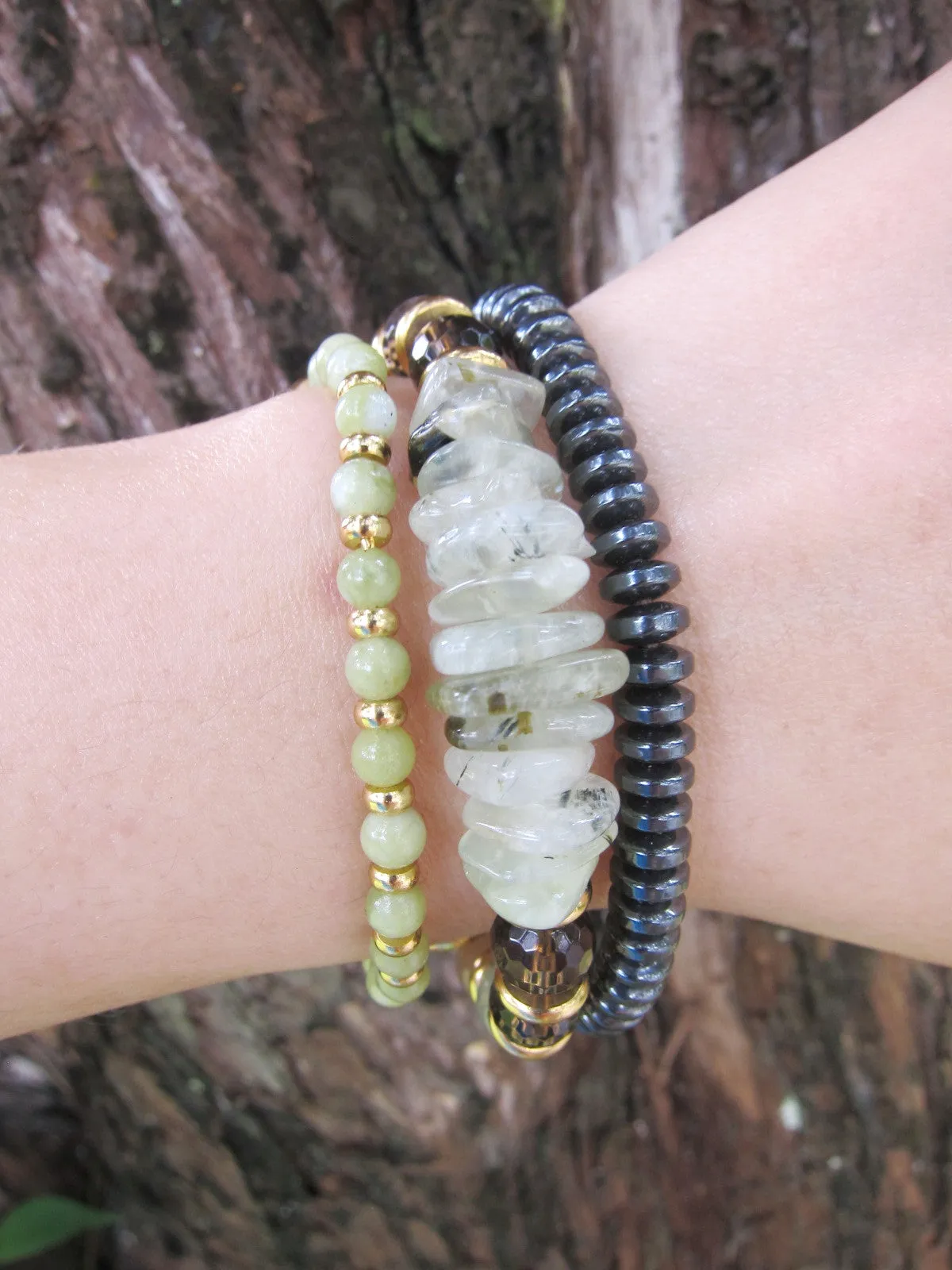 27 Bead Mala in Smoky Quartz, Sunstone, Prehnite Bracelet