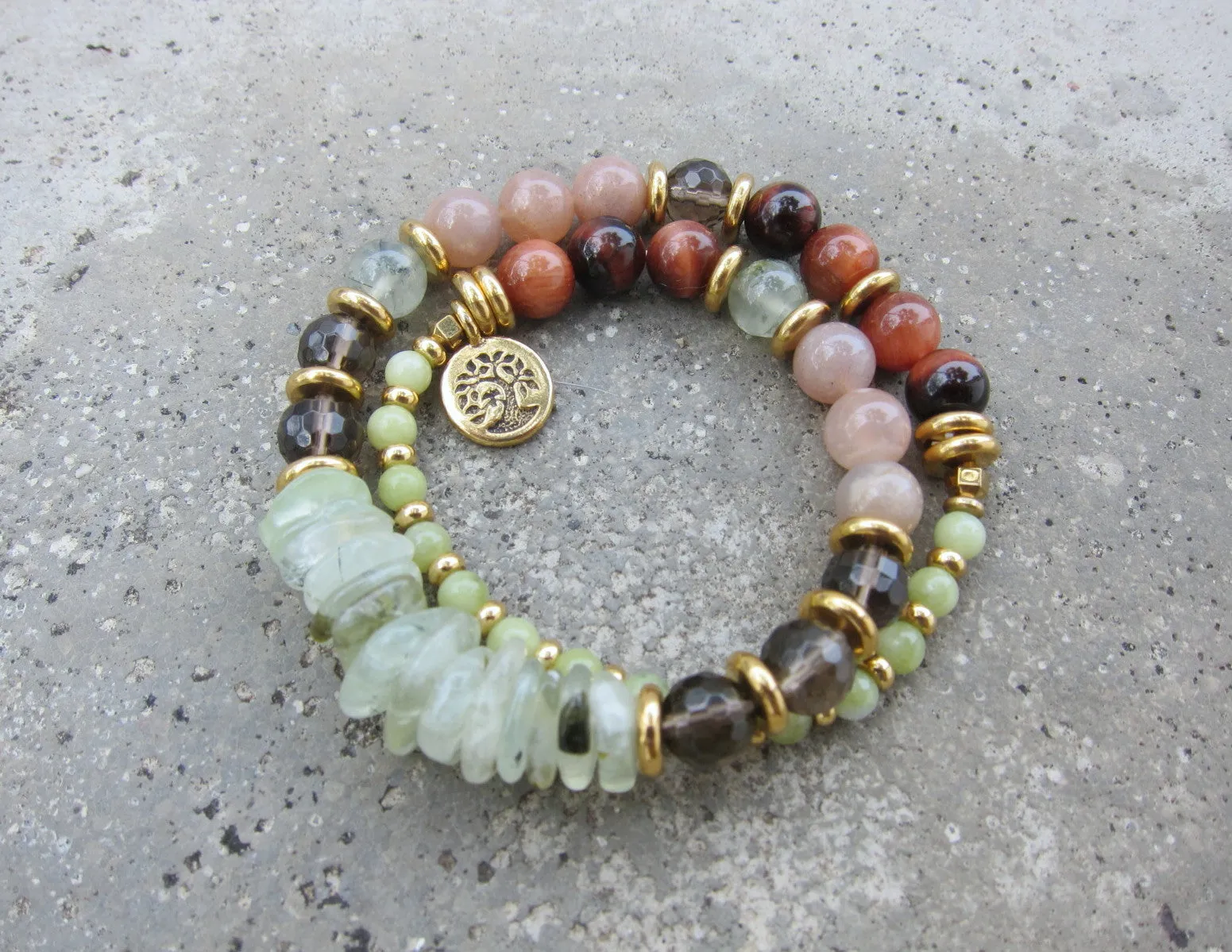 27 Bead Mala in Smoky Quartz, Sunstone, Prehnite Bracelet