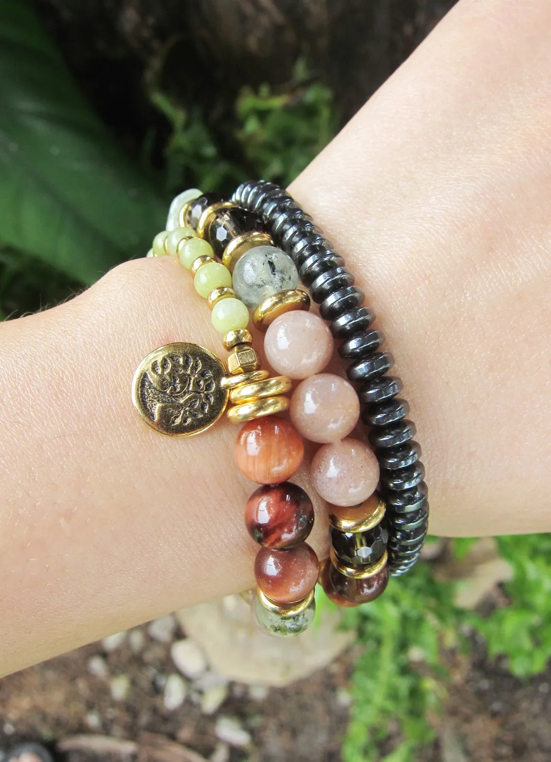 27 Bead Mala in Smoky Quartz, Sunstone, Prehnite Bracelet