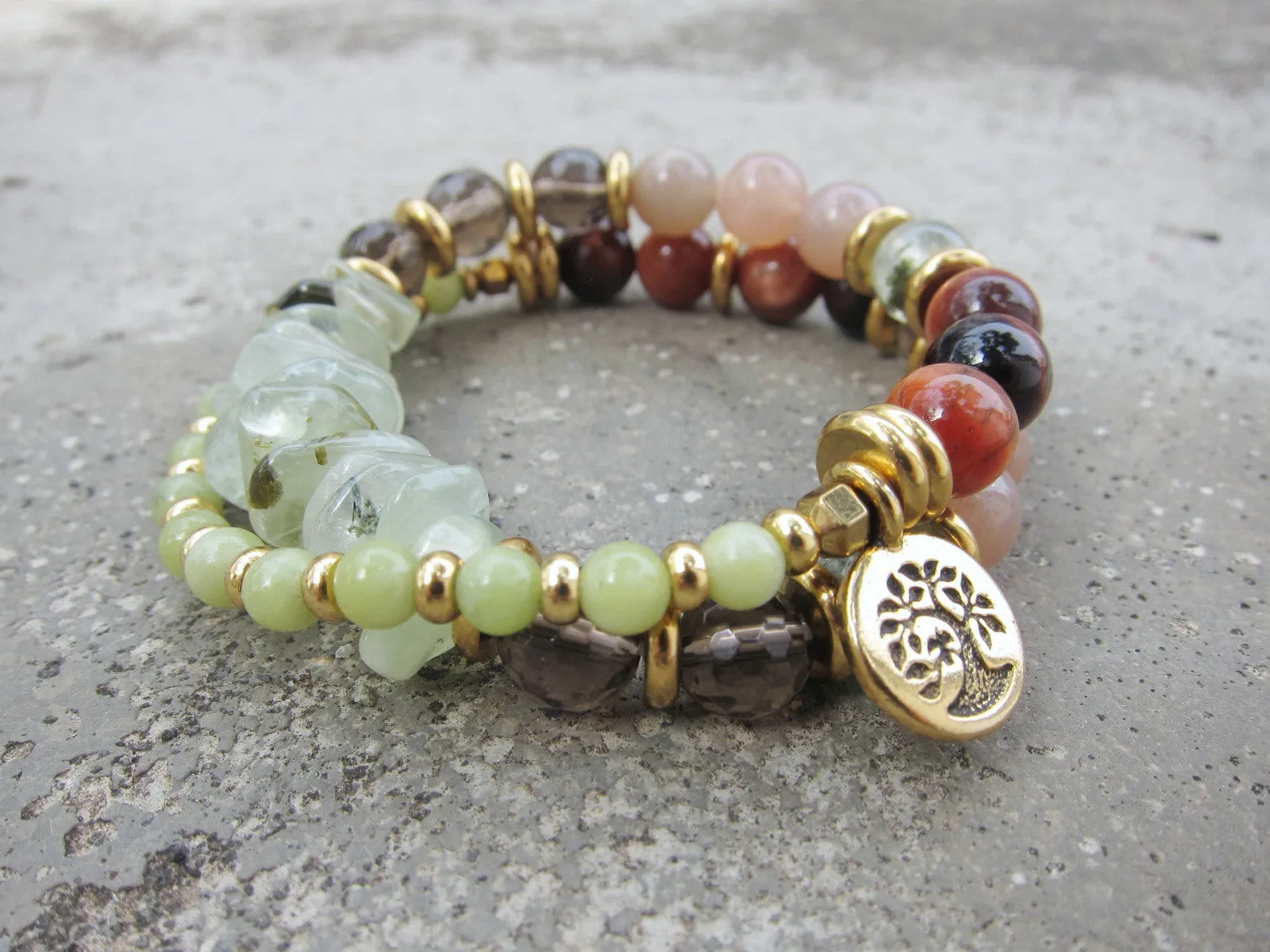 27 Bead Mala in Smoky Quartz, Sunstone, Prehnite Bracelet