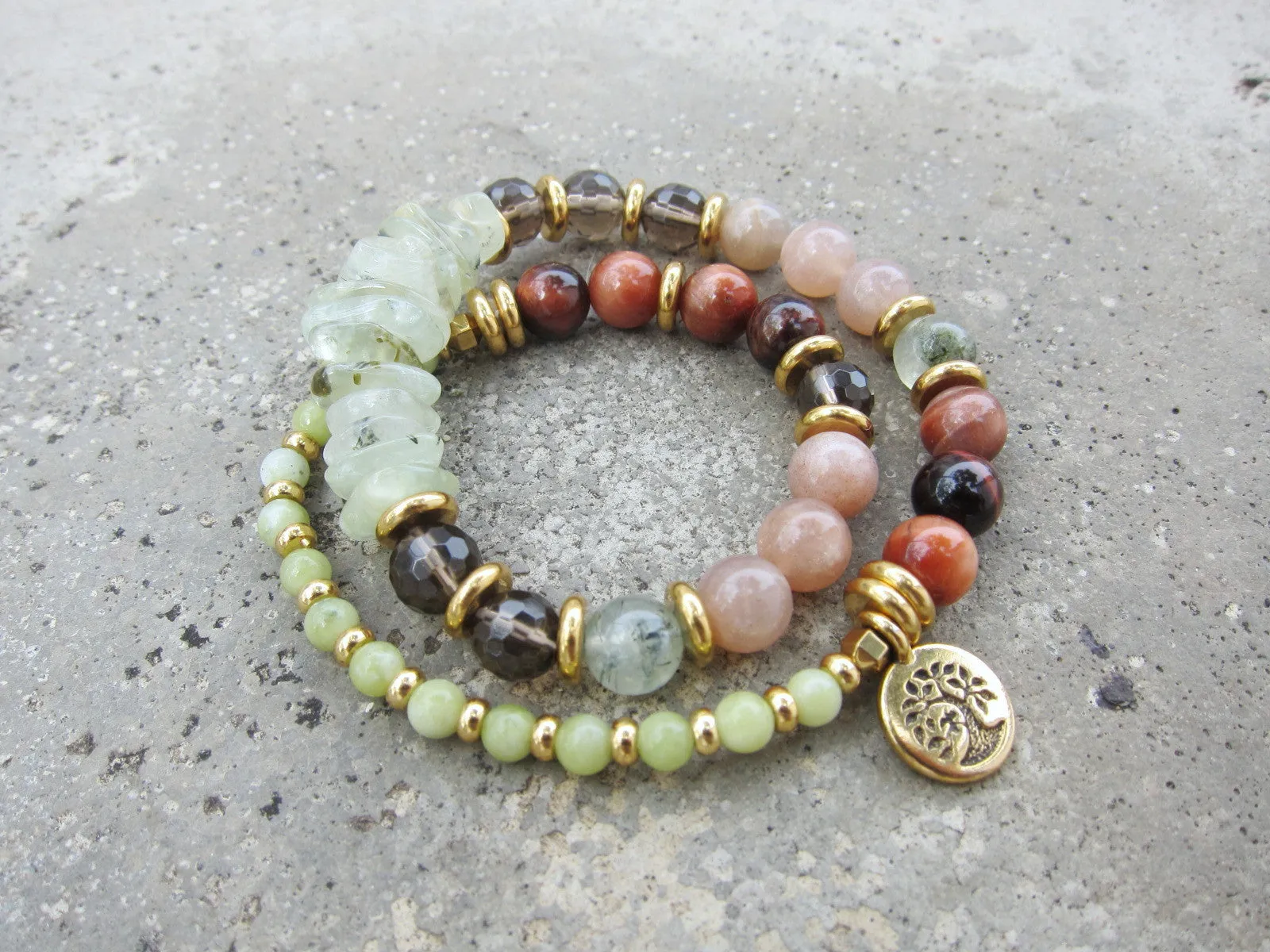 27 Bead Mala in Smoky Quartz, Sunstone, Prehnite Bracelet