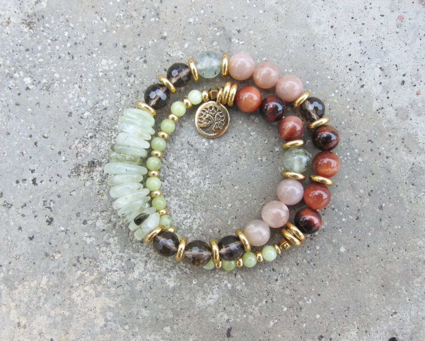 27 Bead Mala in Smoky Quartz, Sunstone, Prehnite Bracelet