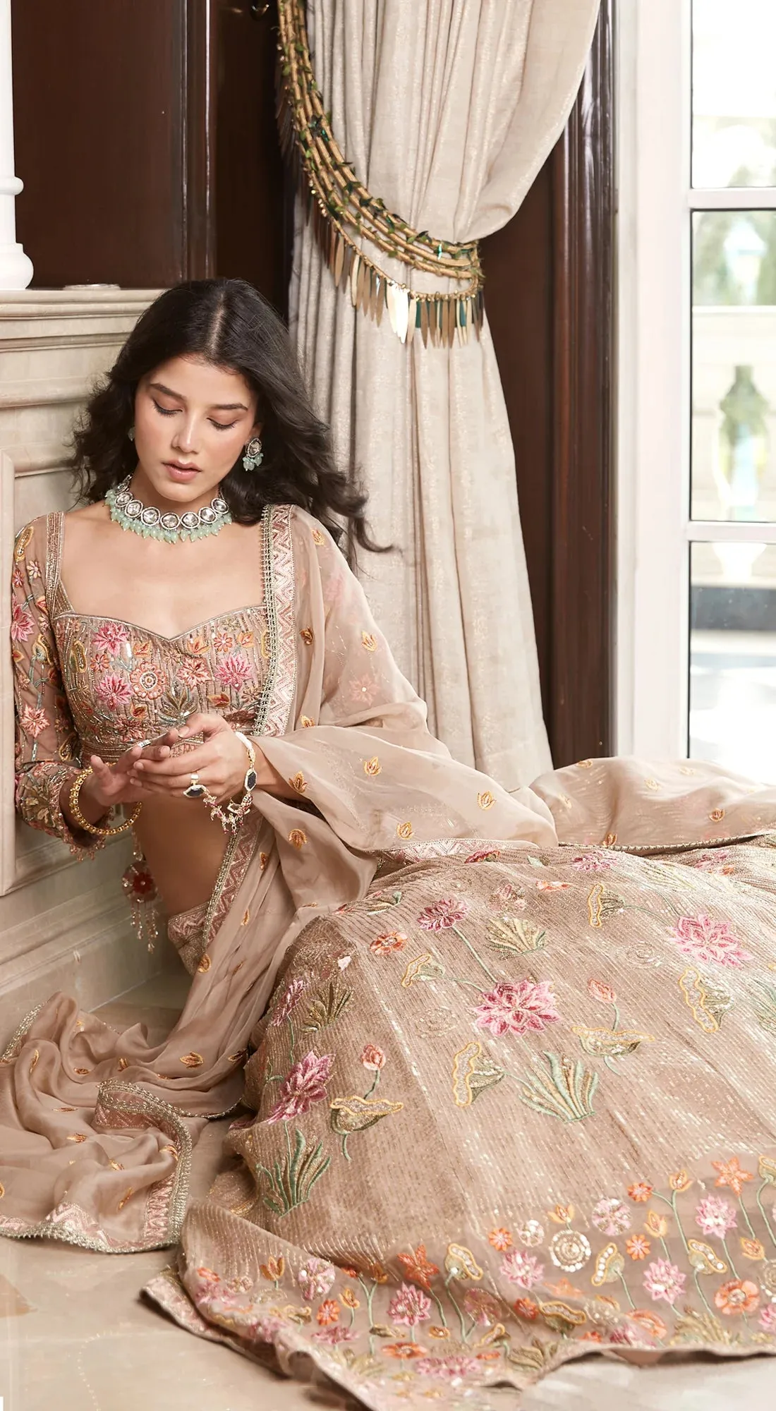 310167 Beige Embroidered Designer Lehenga with Dupatta