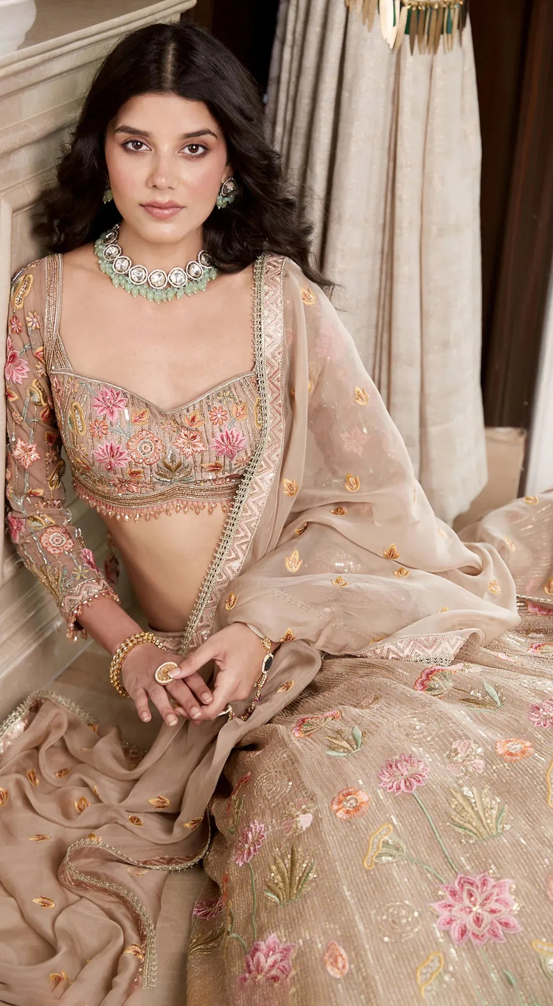 310167 Beige Embroidered Designer Lehenga with Dupatta