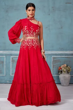 32A042 Red Georgette Embroidered Contemporary Skirt Set