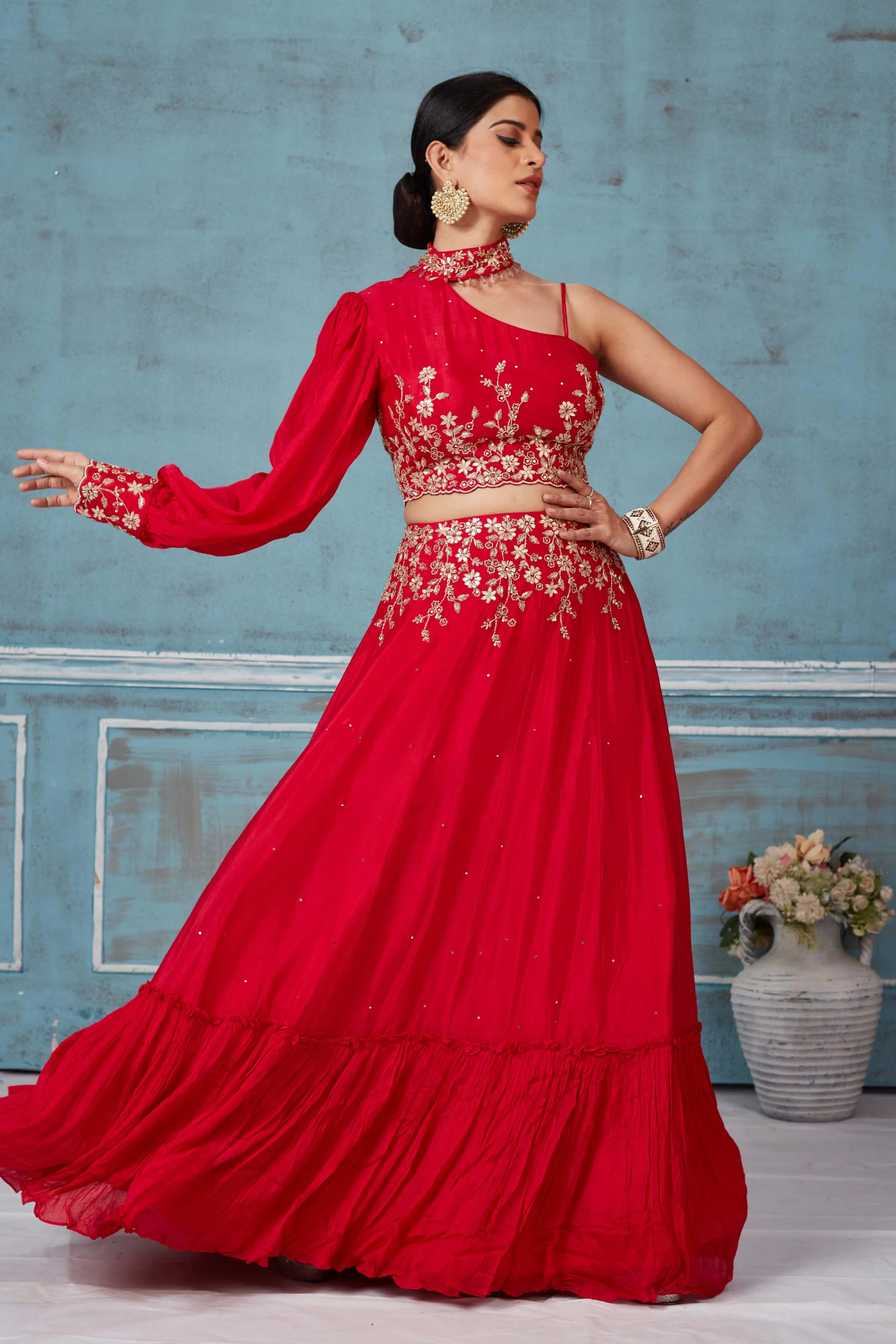 32A042 Red Georgette Embroidered Contemporary Skirt Set