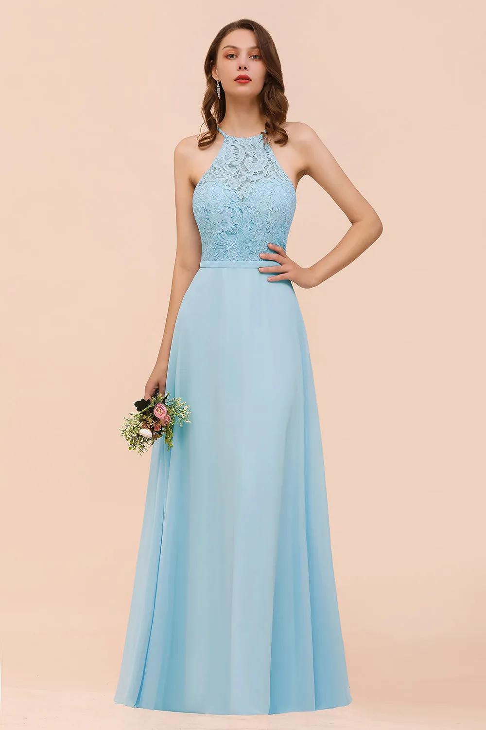 A-Line Halter Appliques Chiffon Long Bridesmaid Dress Sky Blue Party Dress