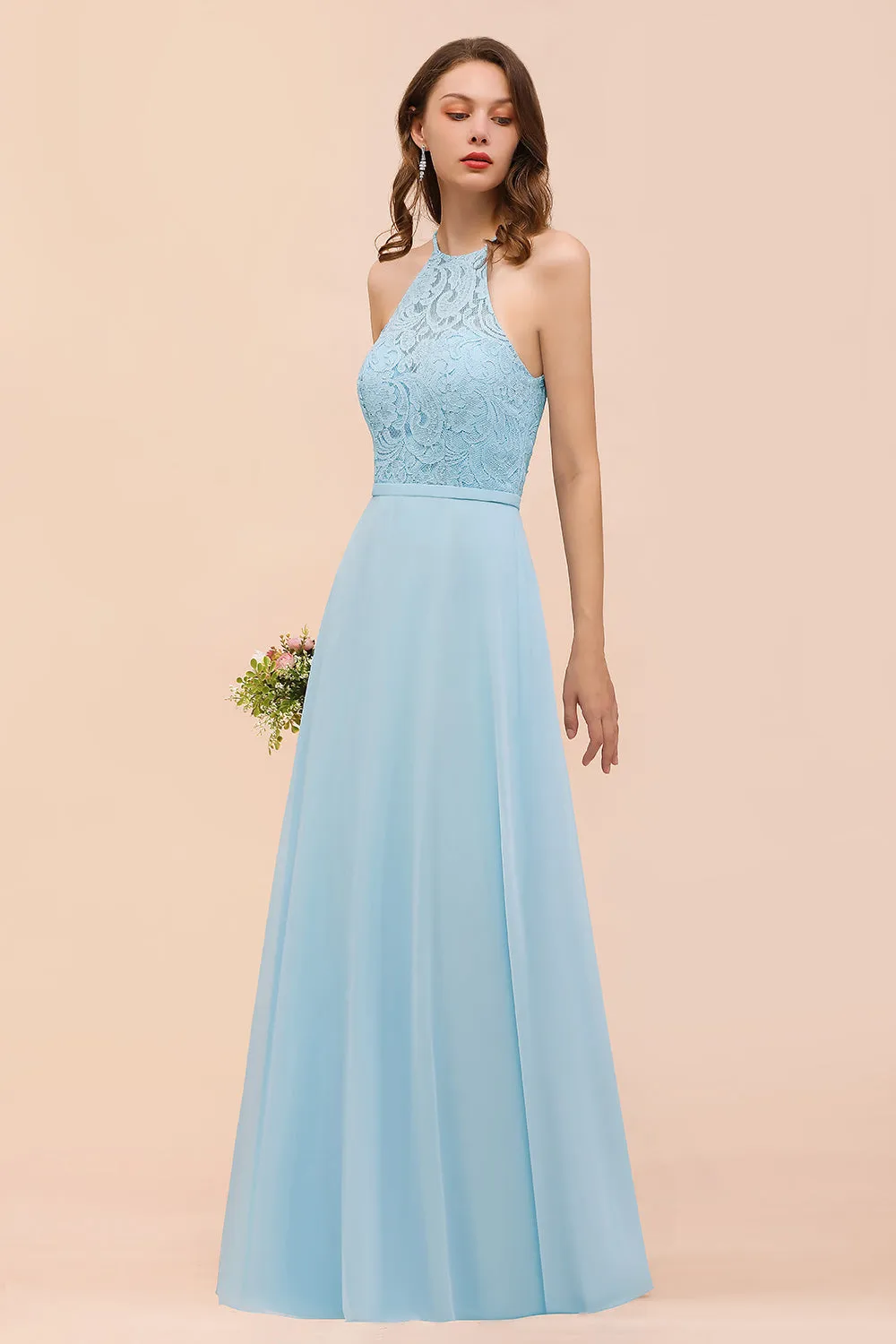 A-Line Halter Appliques Chiffon Long Bridesmaid Dress Sky Blue Party Dress