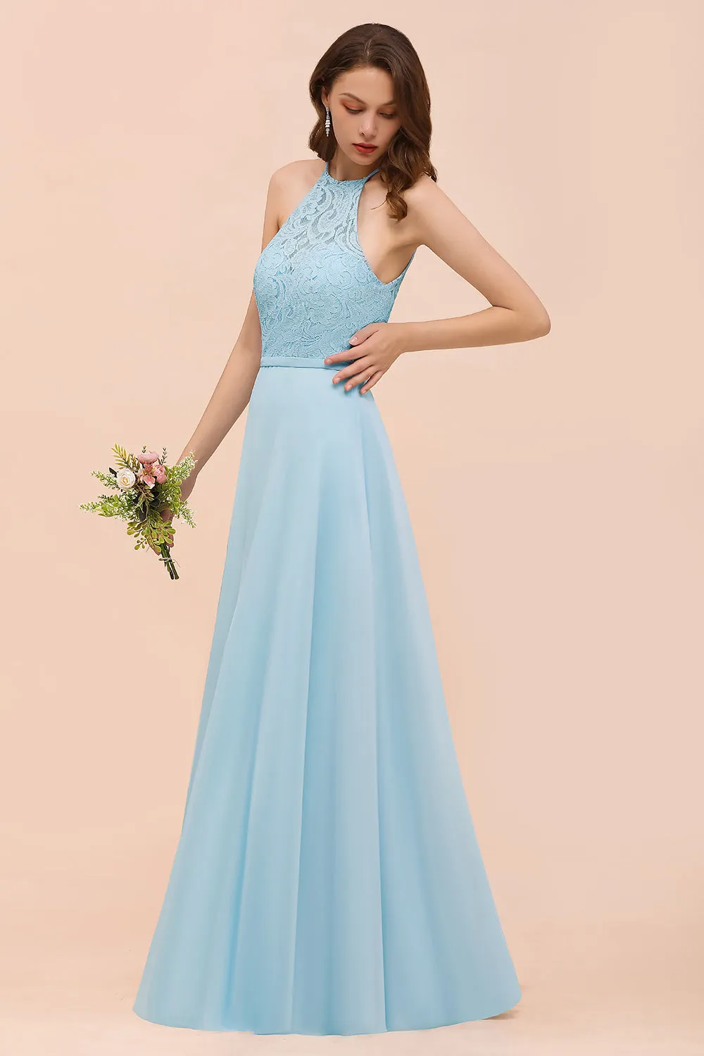 A-Line Halter Appliques Chiffon Long Bridesmaid Dress Sky Blue Party Dress