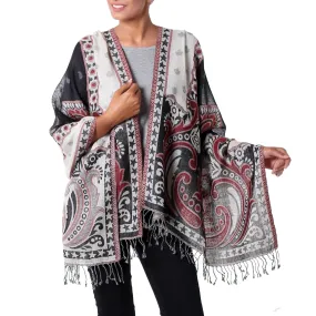 Agra Night Dramatic Indian Wool Shawl in Black and White with Red