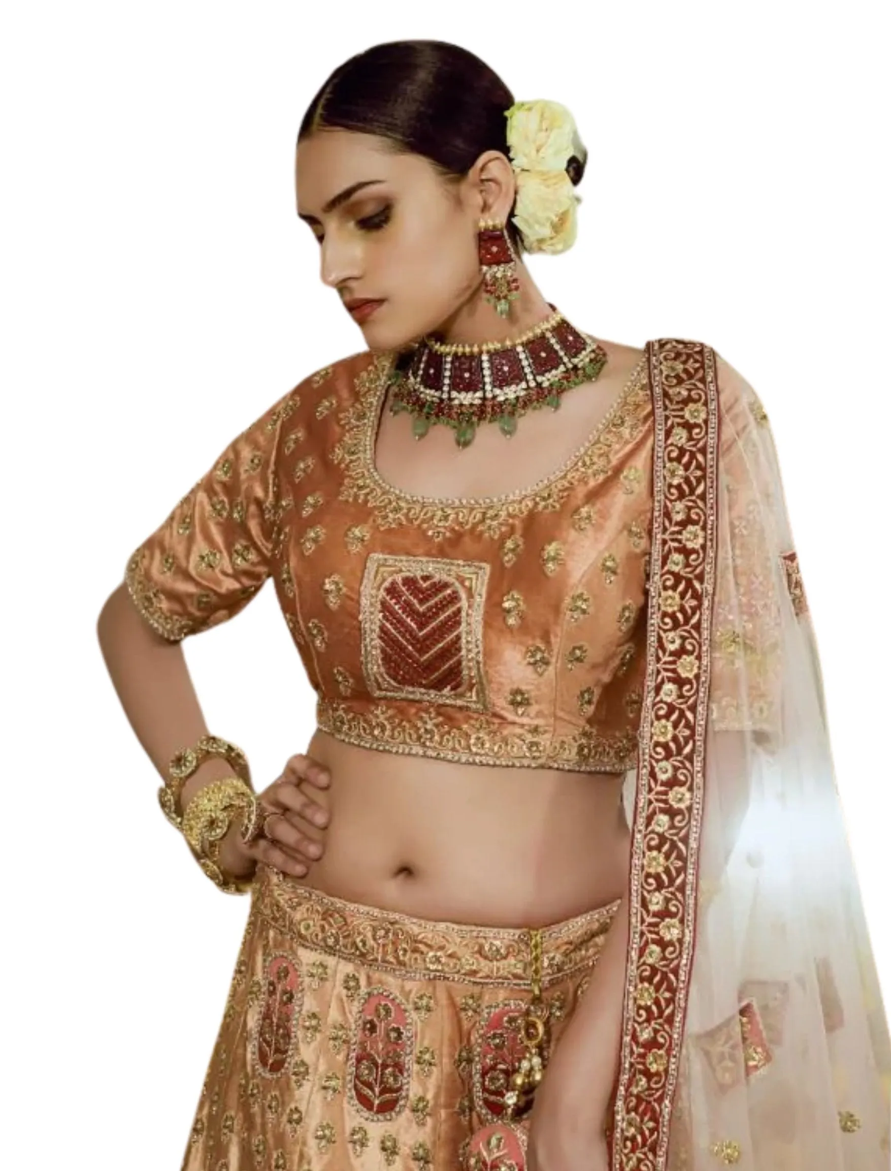 Alluring Brown Embroidered Bridal Lehenga - Rent