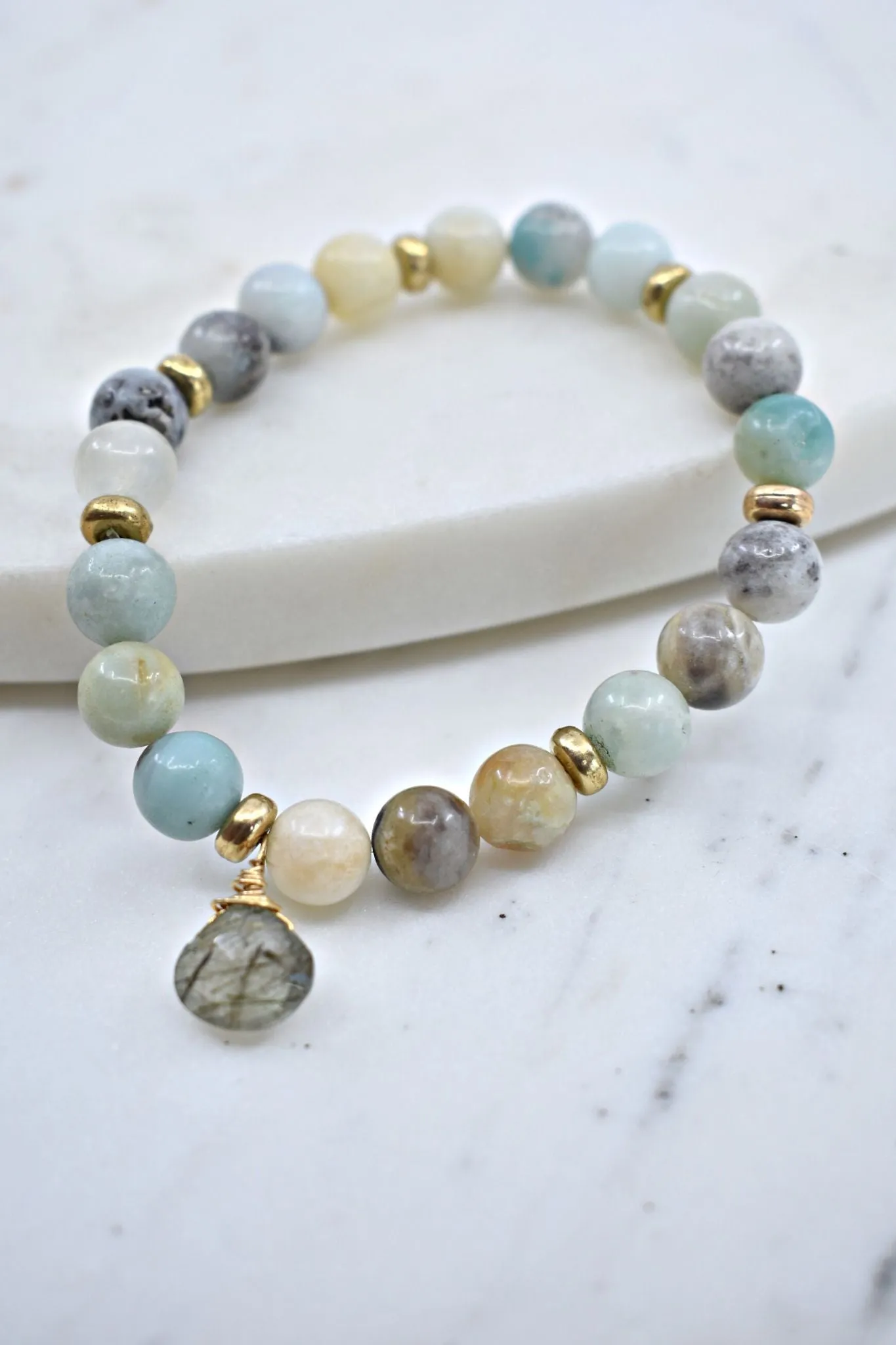 Amazonite Stretch Bracelet with Hand-Wrapped Green Rutilated Quartz in Gold