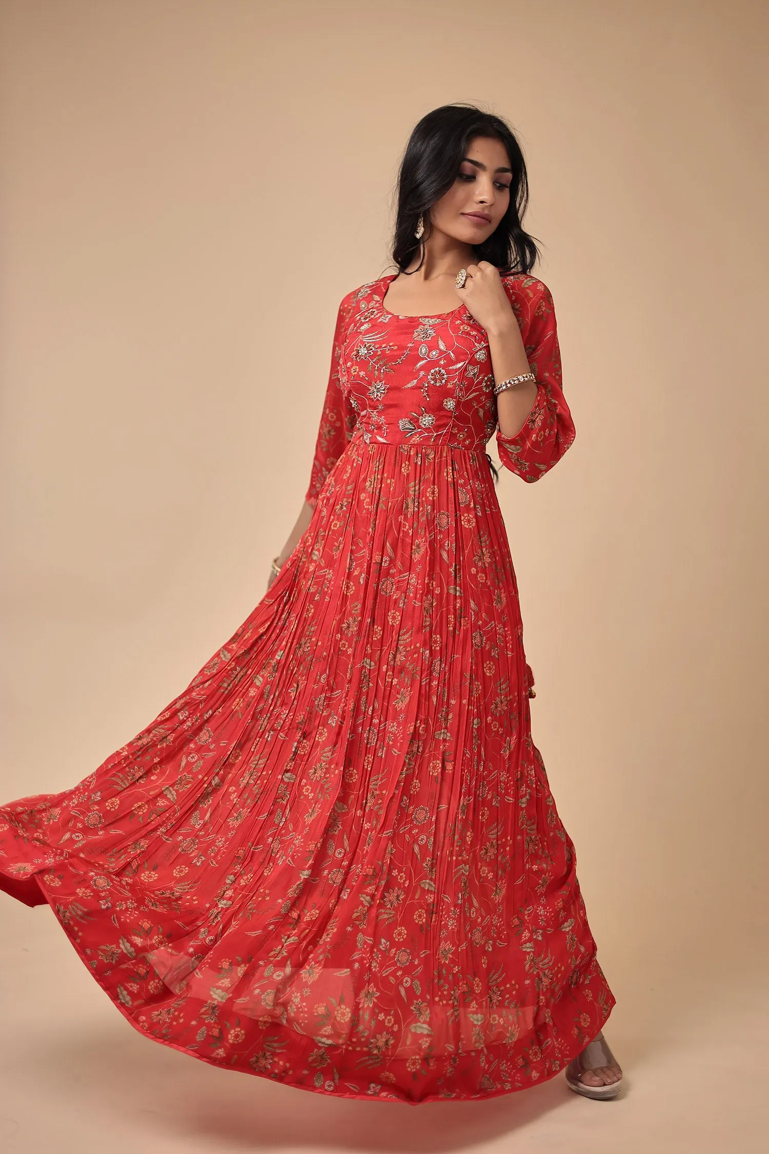 Anarkali Printed Chinon Suit with Embroidered Work