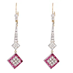 Art Deco French Cut Natural Ruby Single Cut Diamond Drop Earrings in Platinum 18K Yellow Gold