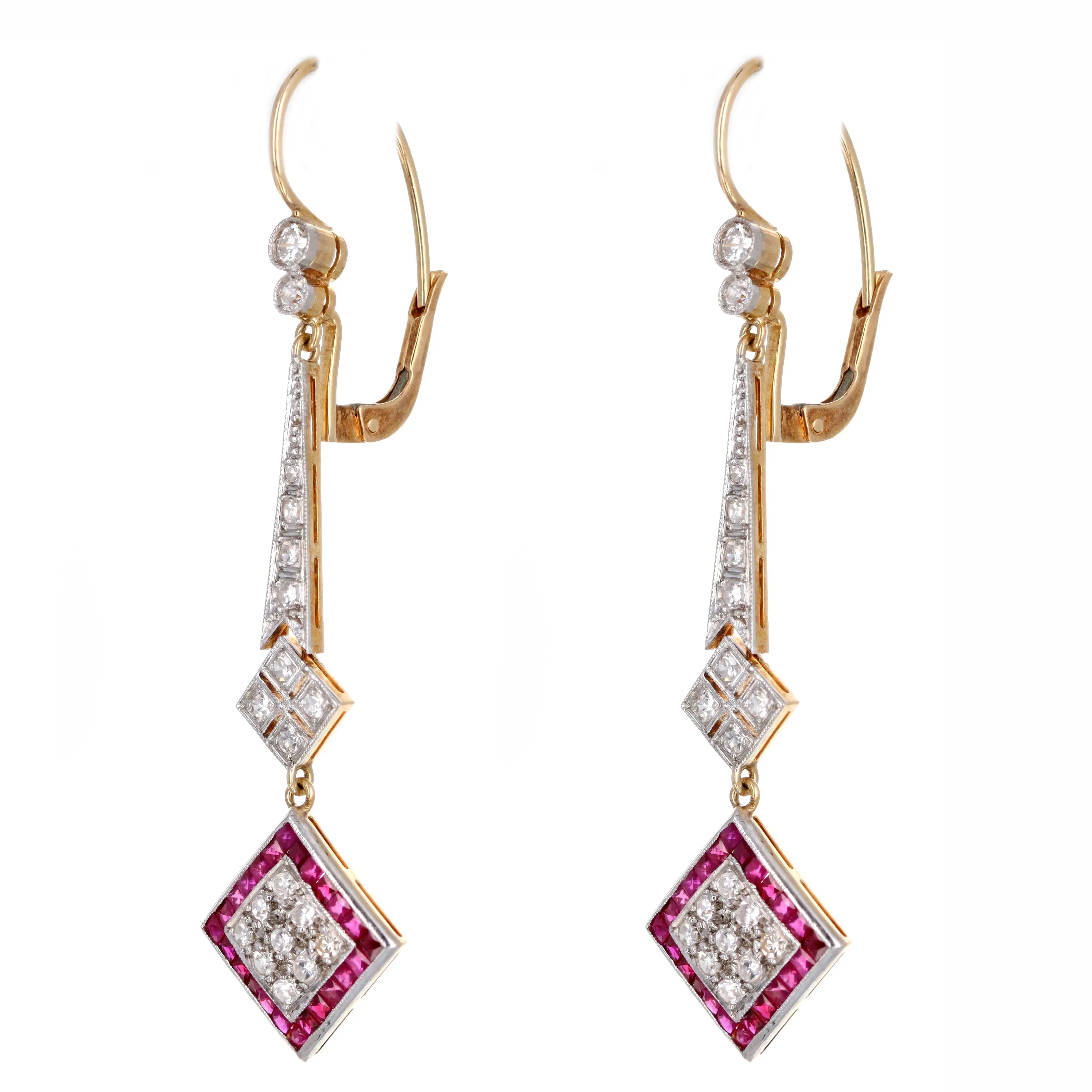 Art Deco French Cut Natural Ruby Single Cut Diamond Drop Earrings in Platinum 18K Yellow Gold