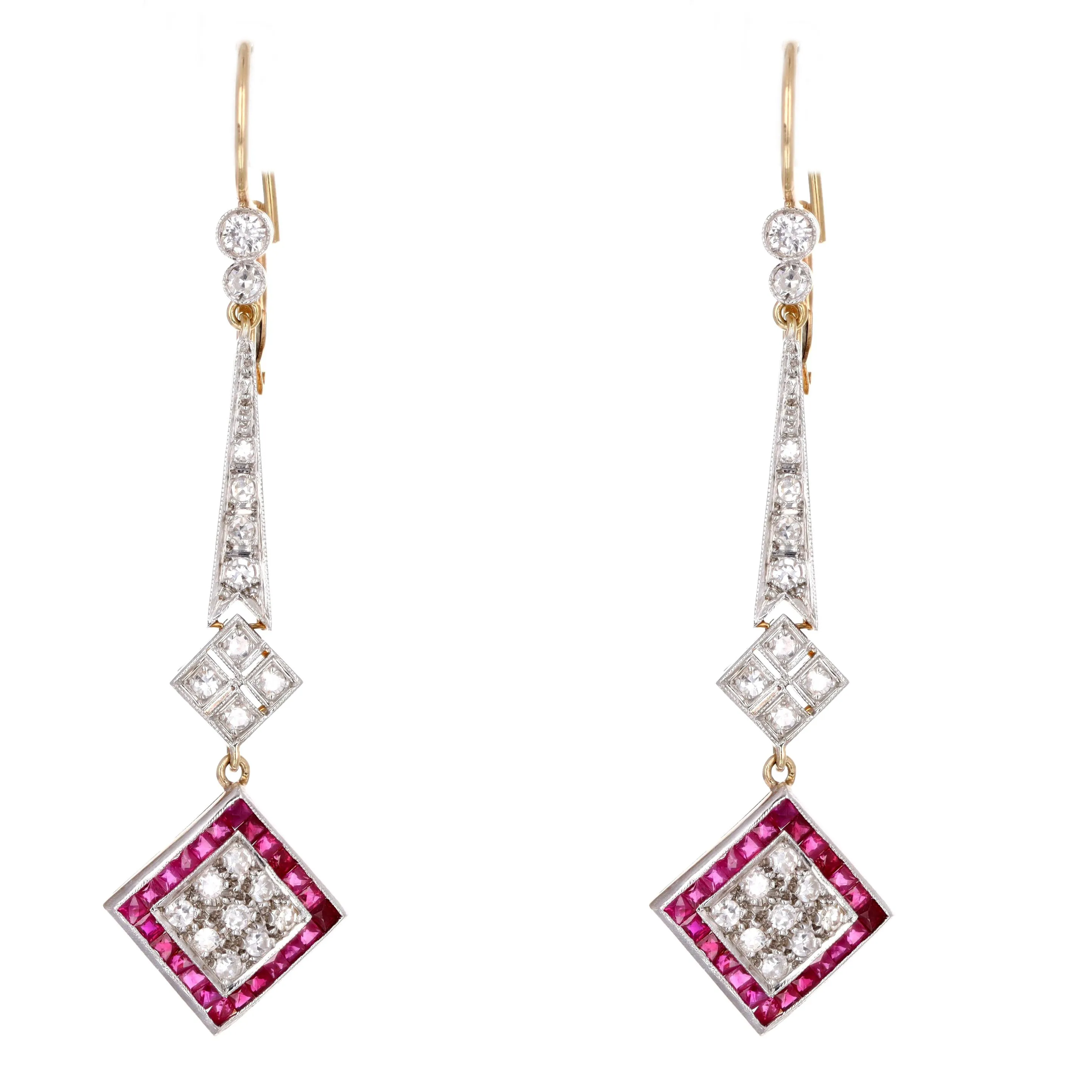 Art Deco French Cut Natural Ruby Single Cut Diamond Drop Earrings in Platinum 18K Yellow Gold