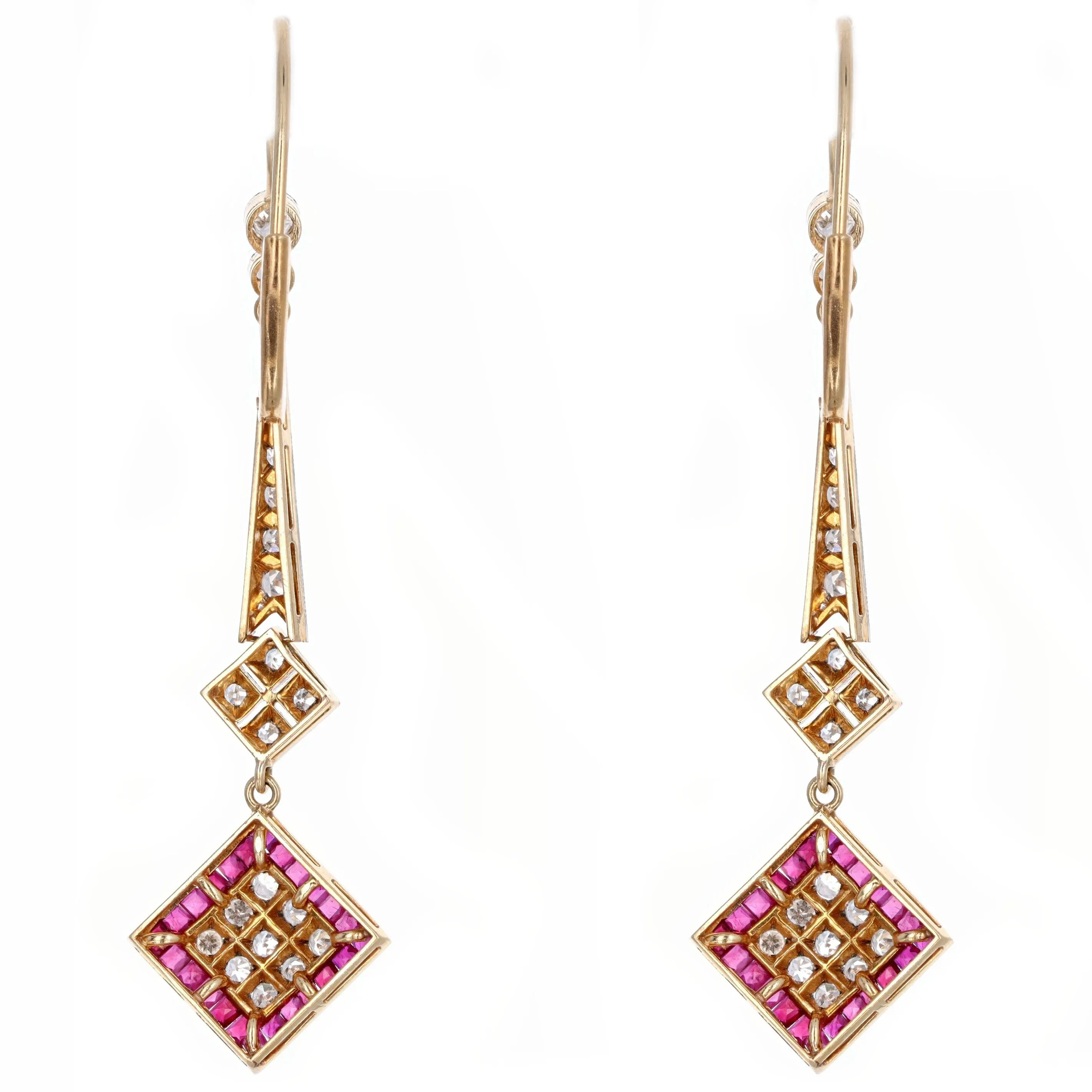 Art Deco French Cut Natural Ruby Single Cut Diamond Drop Earrings in Platinum 18K Yellow Gold