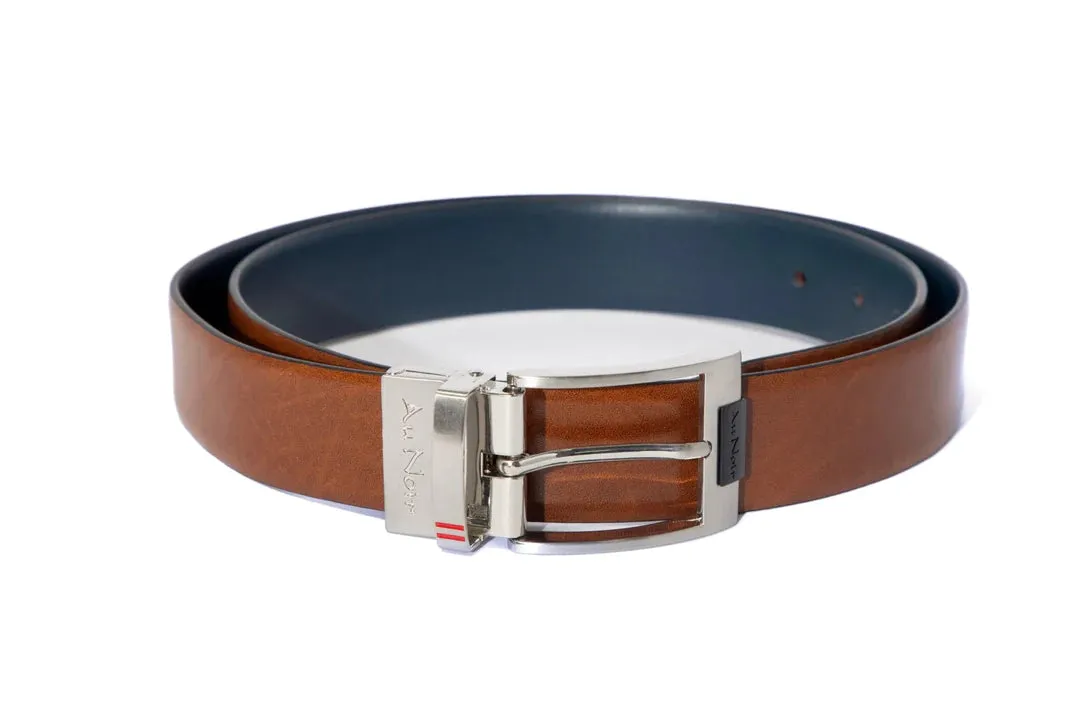 AU NOIR Reversible Belt | Desoto Brushed Nickle, Tan-Navy