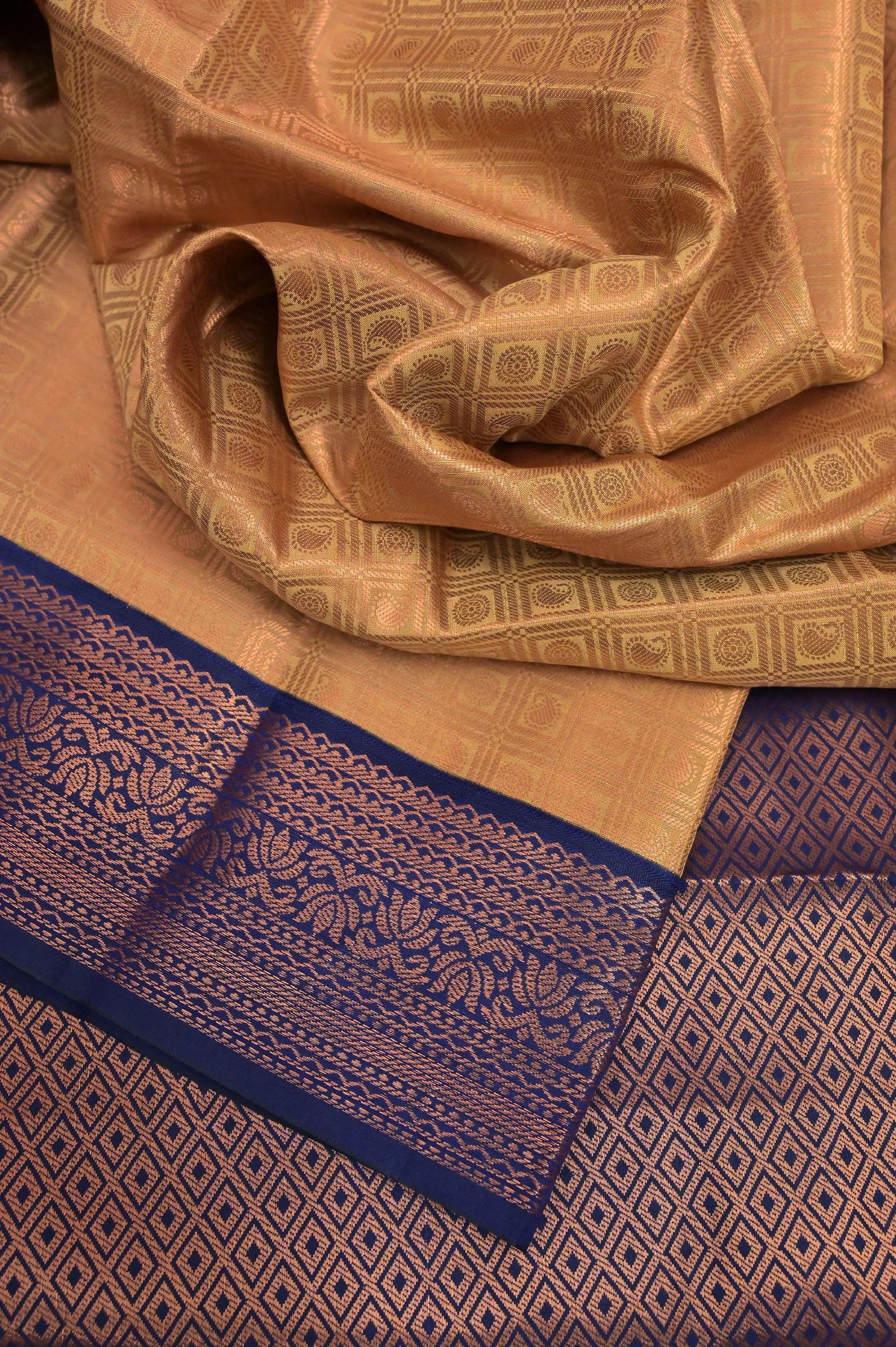 Biscuit Color South Silk Saree with Brocade and Copper Zari Check Pattern Work