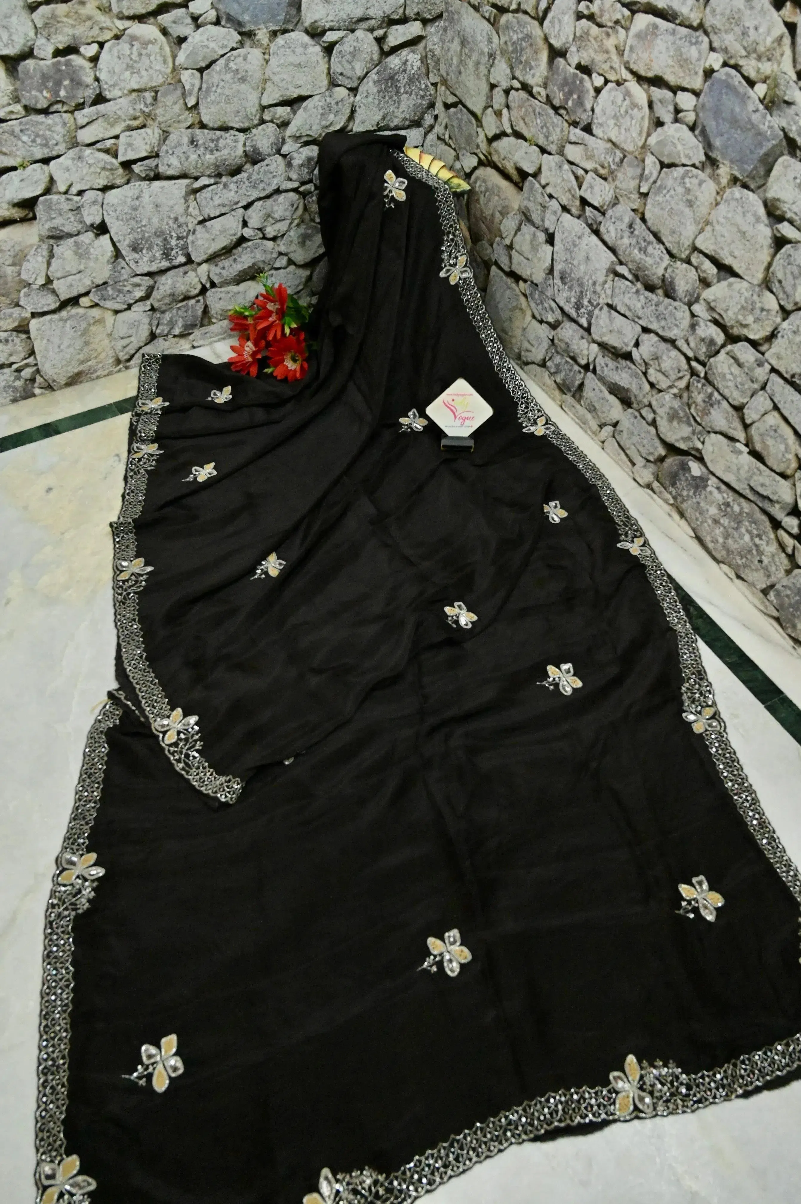 Black Color Echo Silk Saree with Sequin Embroidery and Stone Work