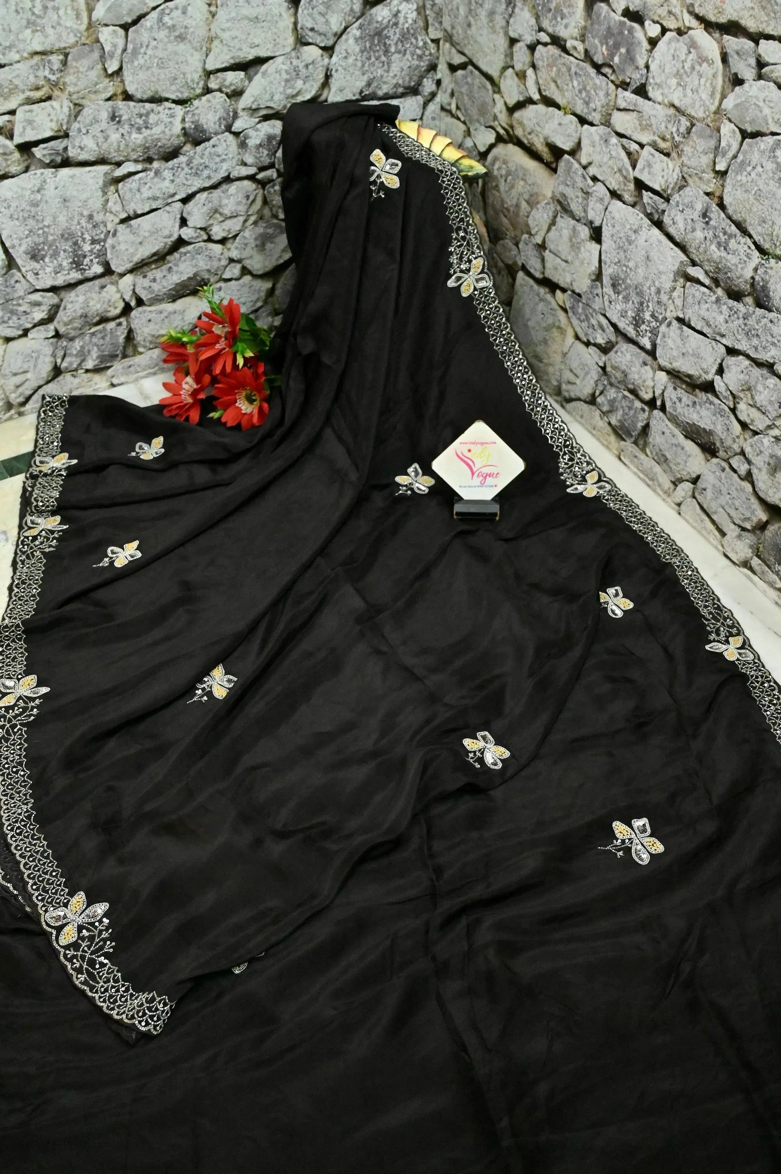 Black Color Echo Silk Saree with Sequin Embroidery and Stone Work