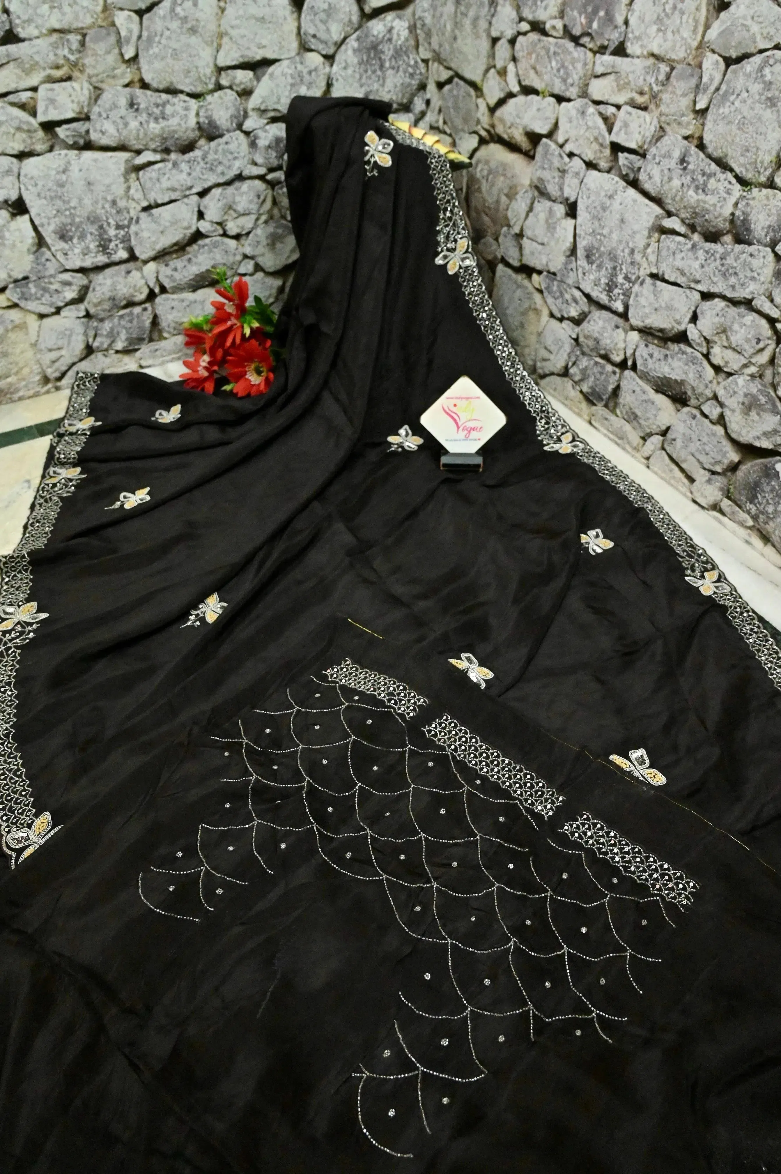 Black Color Echo Silk Saree with Sequin Embroidery and Stone Work