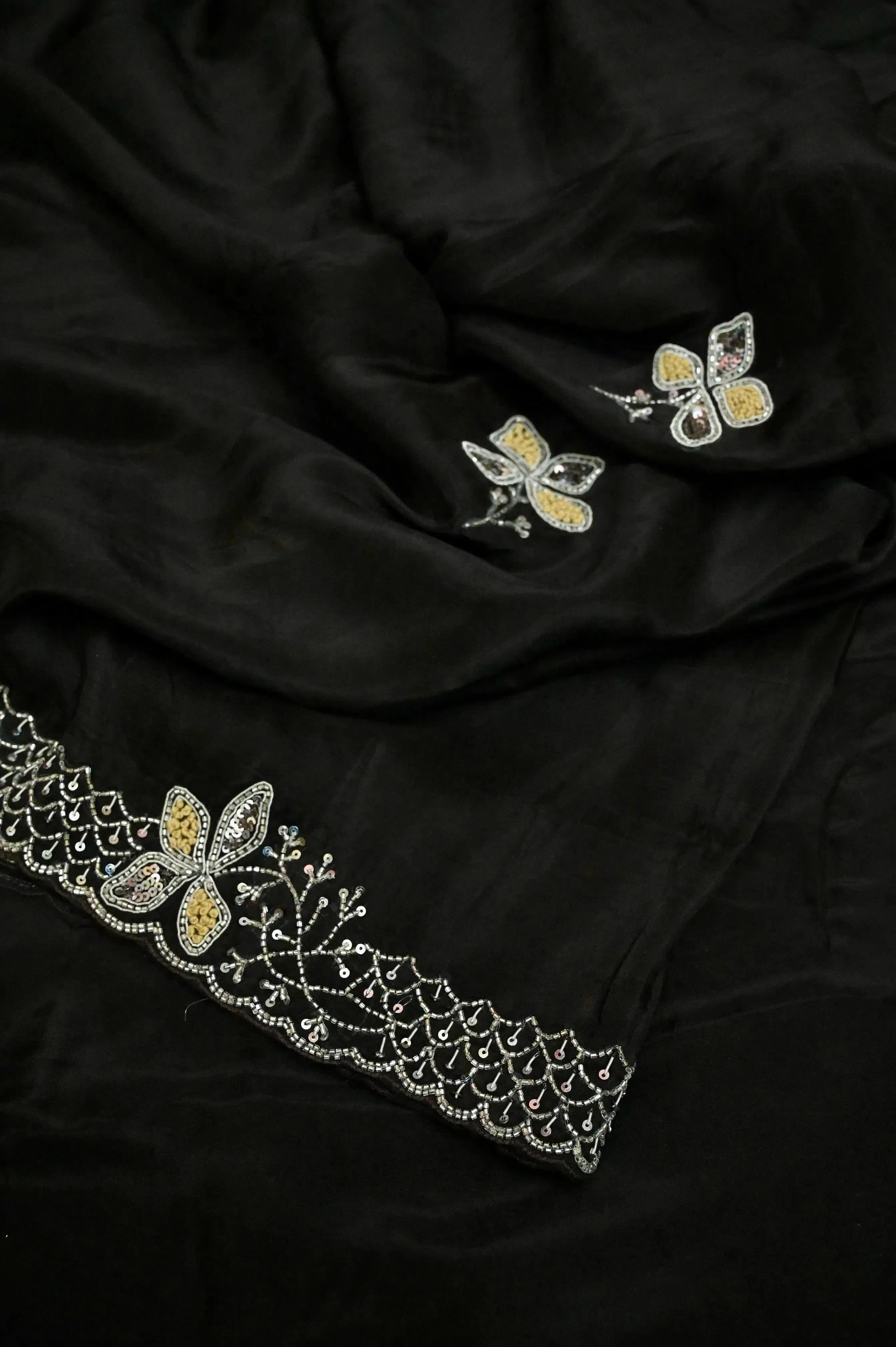 Black Color Echo Silk Saree with Sequin Embroidery and Stone Work