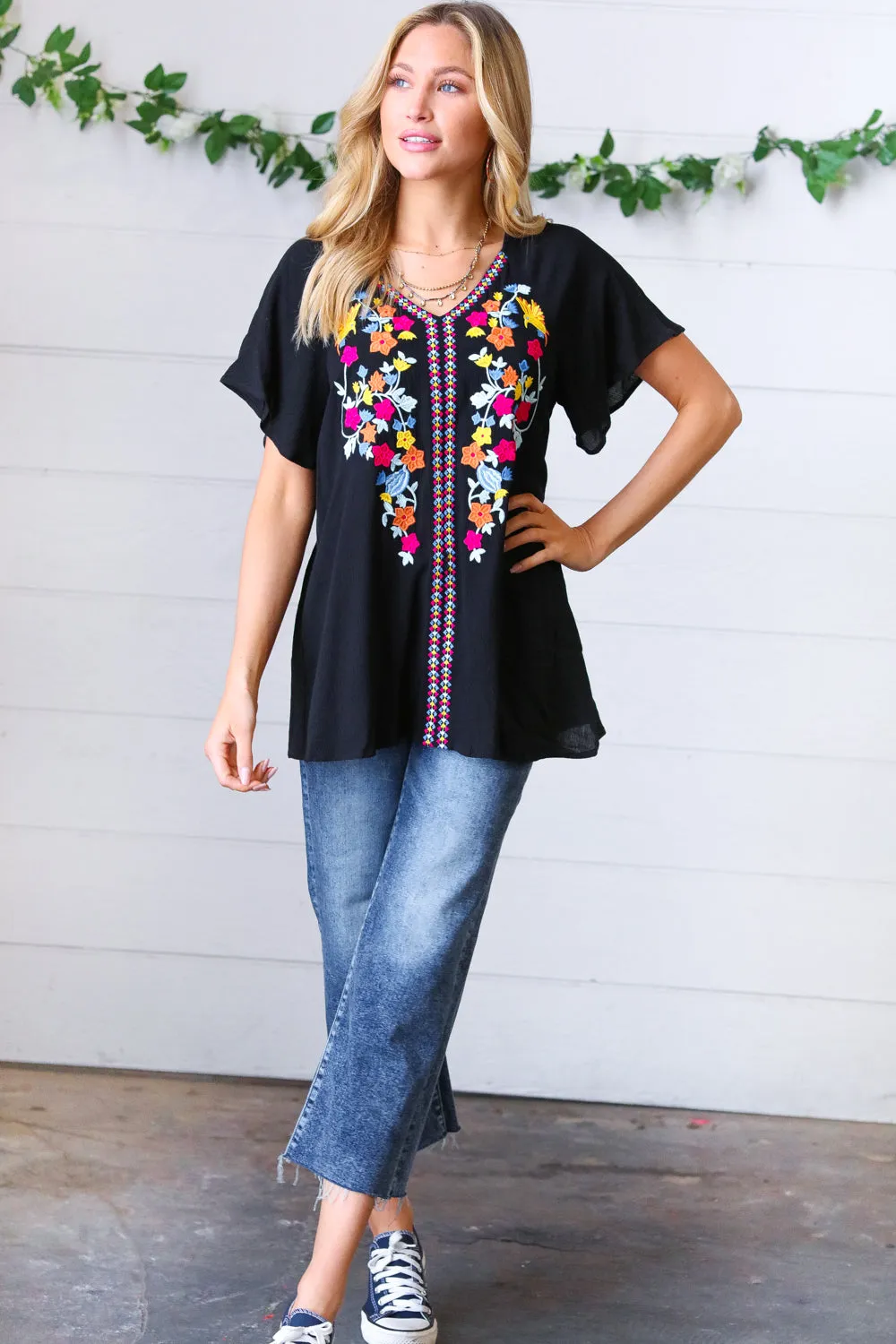 Black Floral Embroidered Flutter Sleeve Top