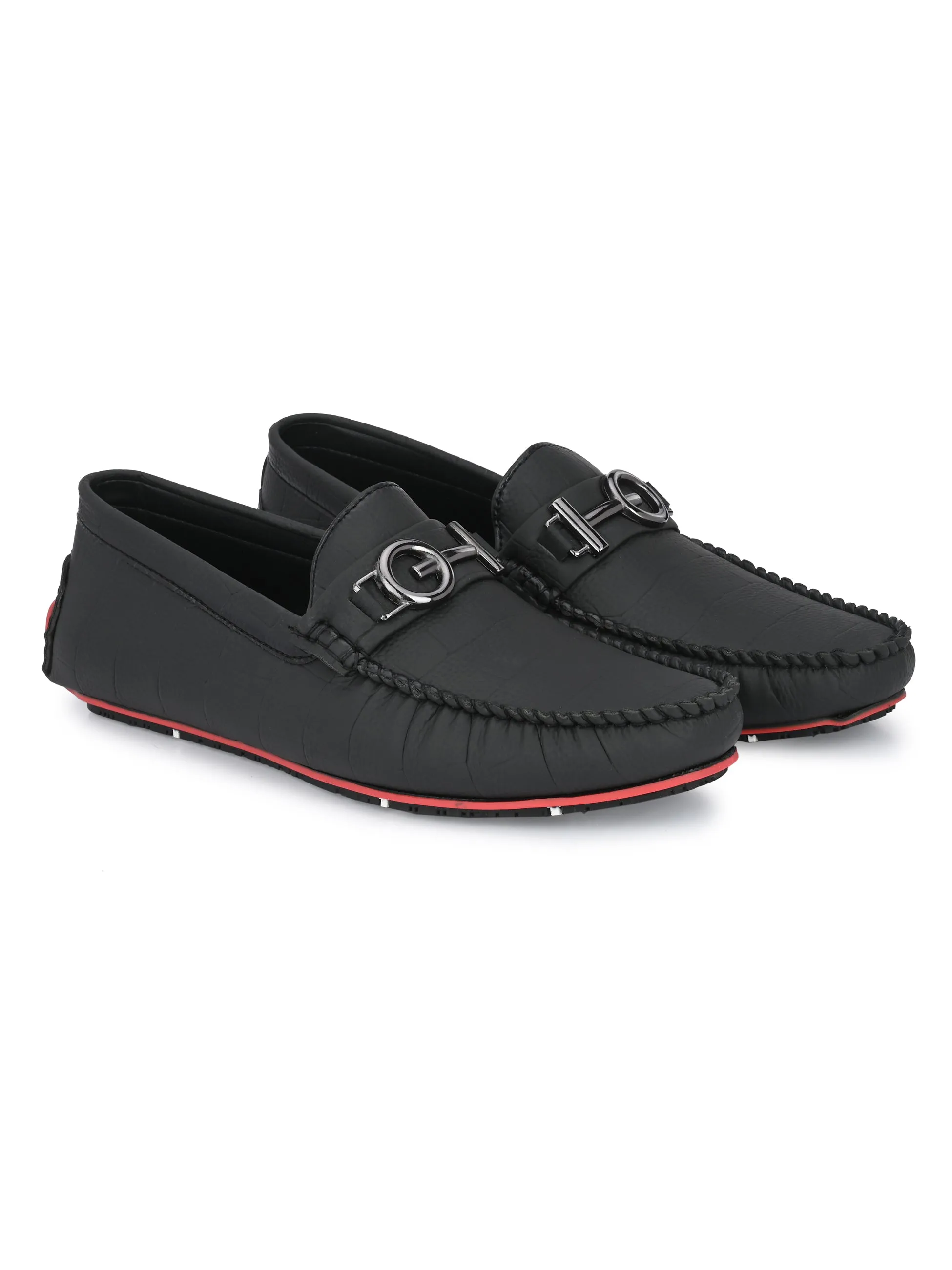 Black Round Toe Loafer With Metal Accent