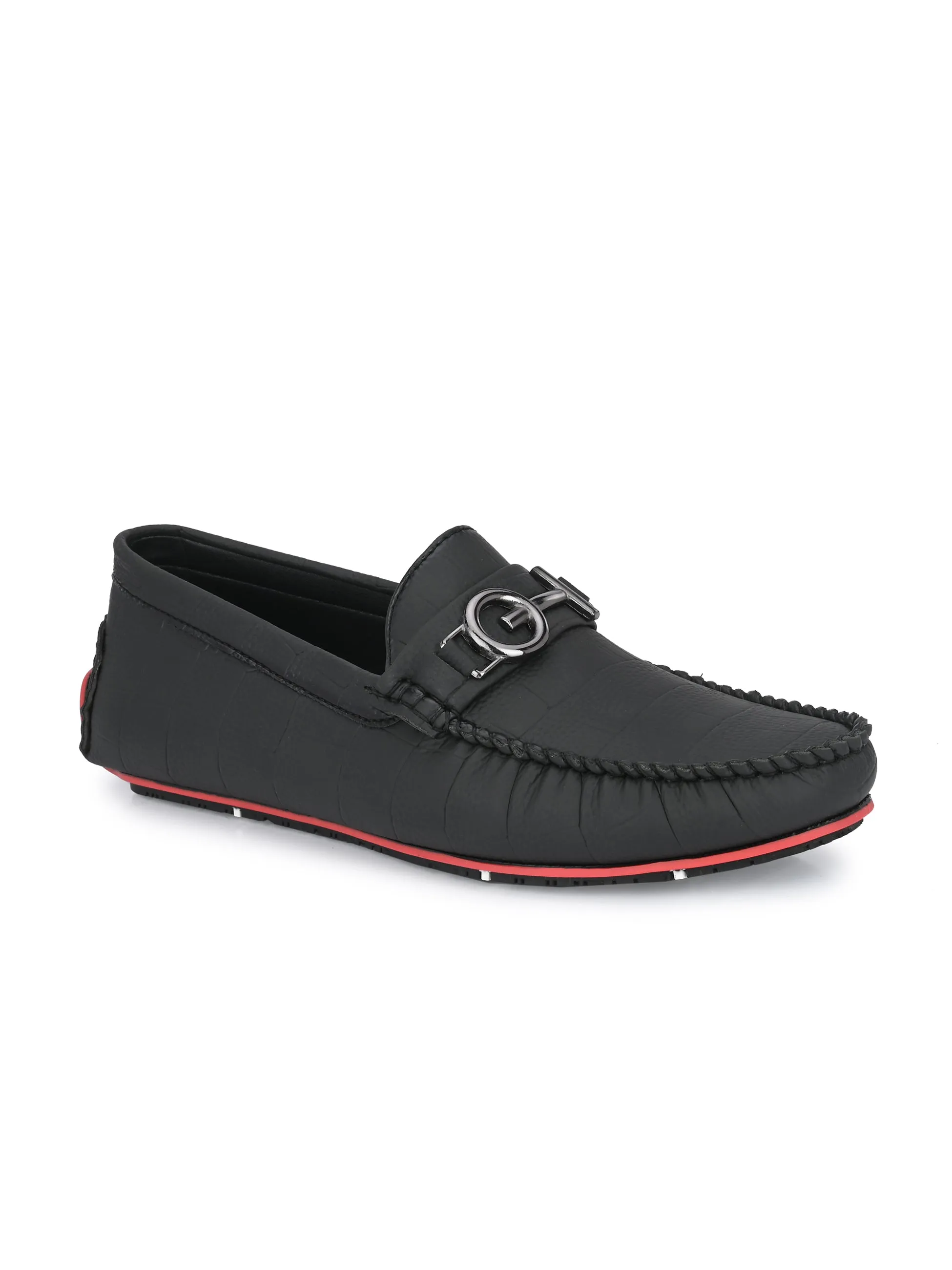 Black Round Toe Loafer With Metal Accent