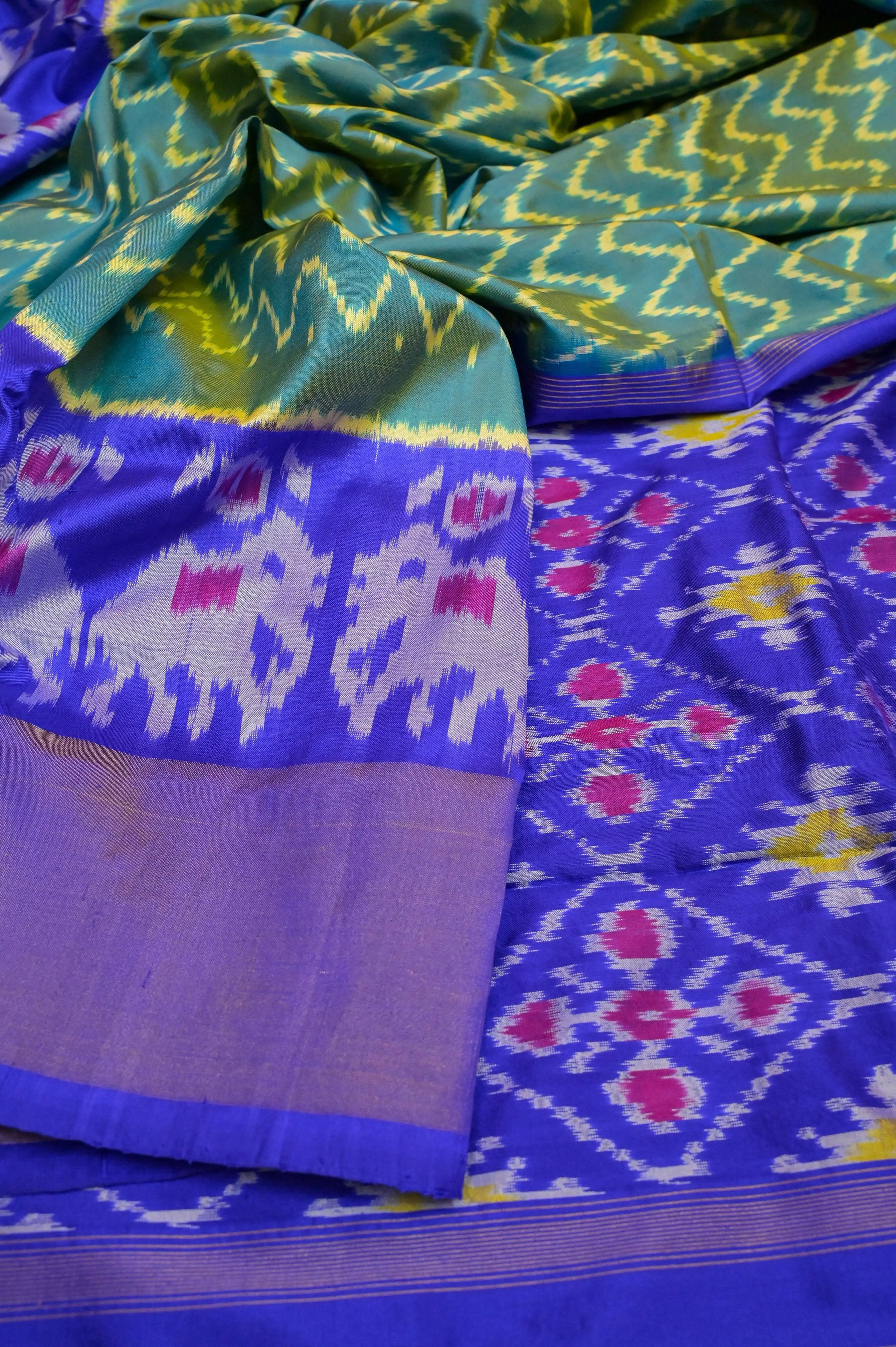 Blue and Green Color Twill Ikat Patola Silk Saree