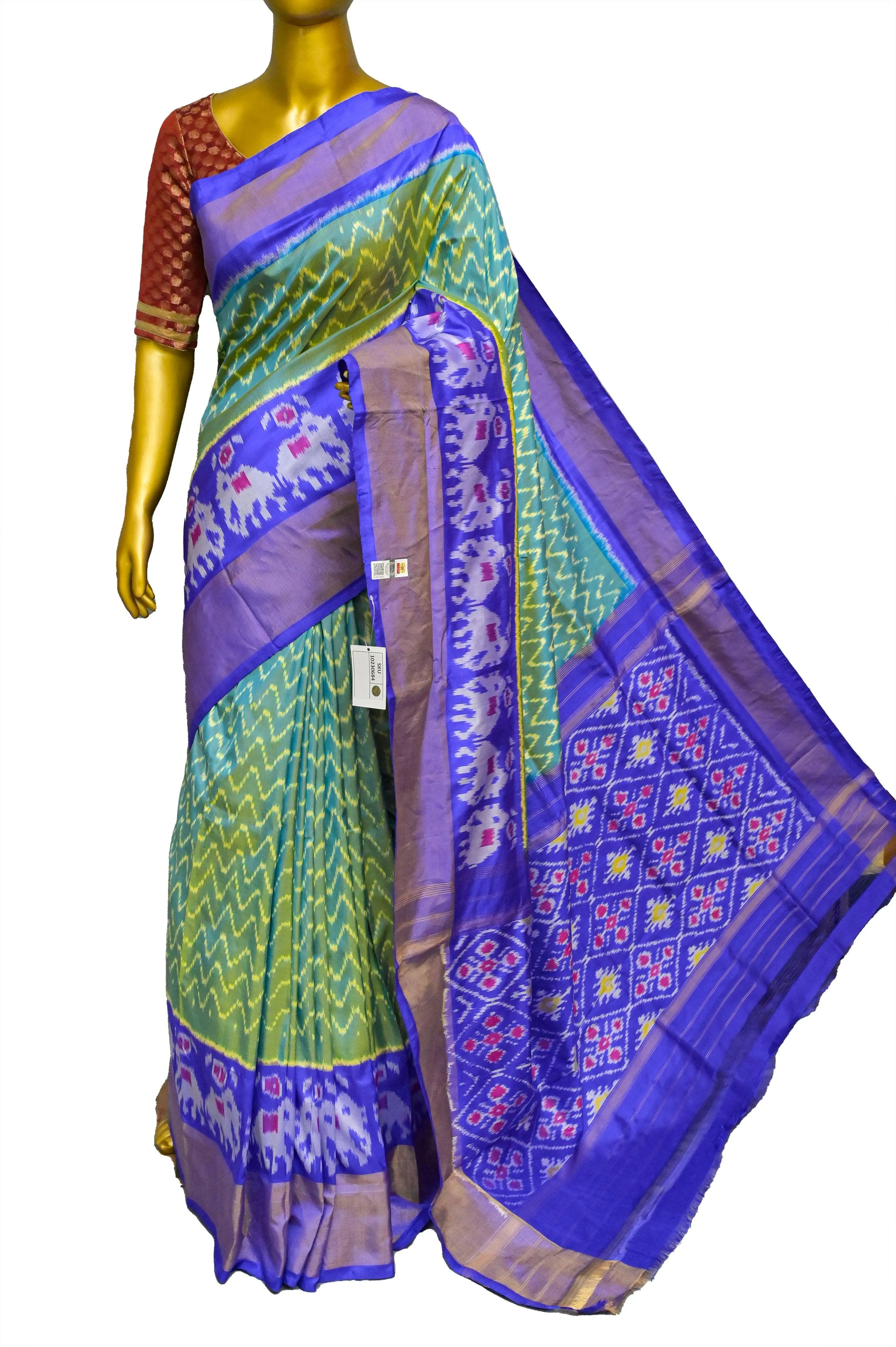 Blue and Green Color Twill Ikat Patola Silk Saree