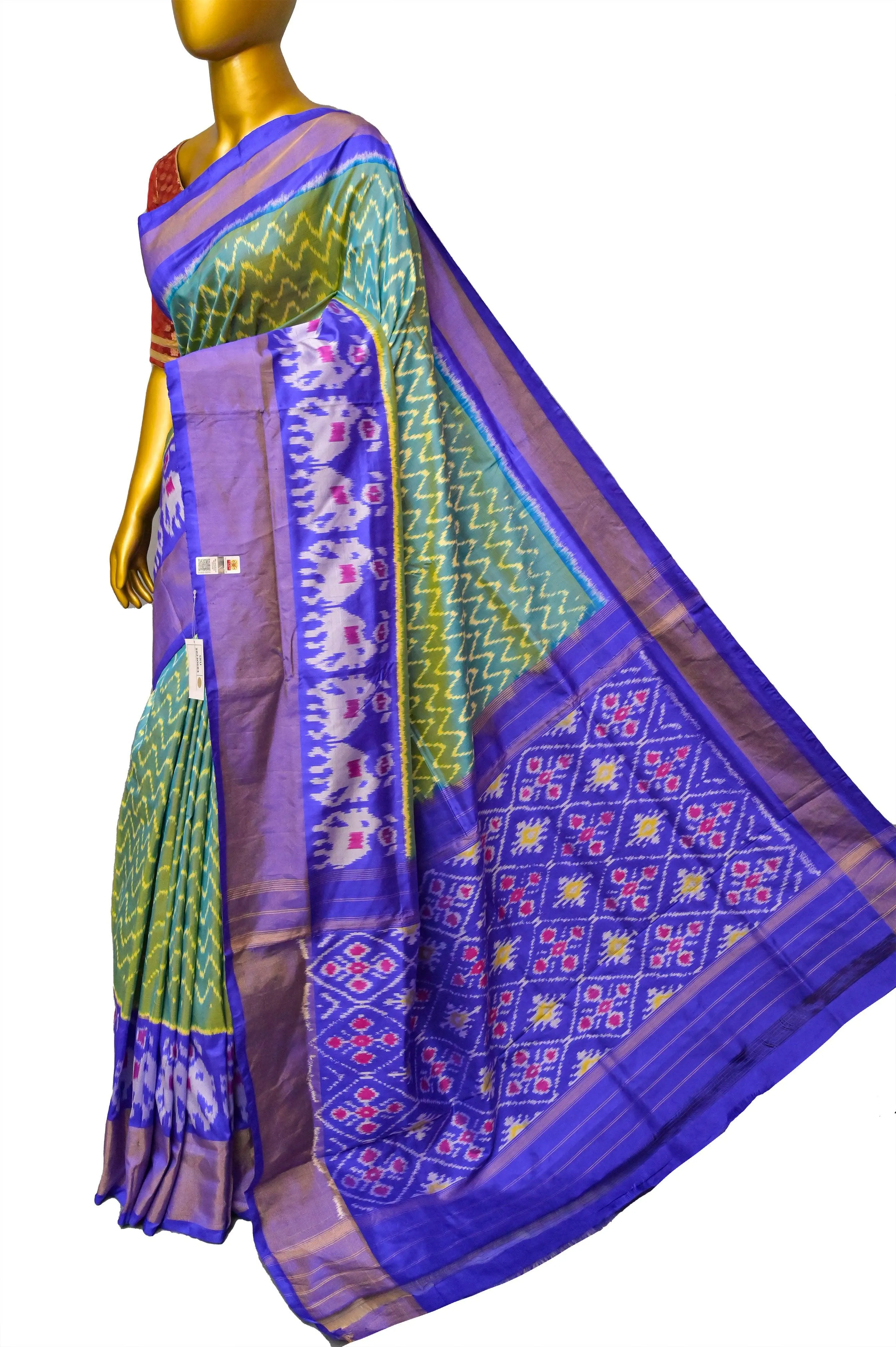 Blue and Green Color Twill Ikat Patola Silk Saree