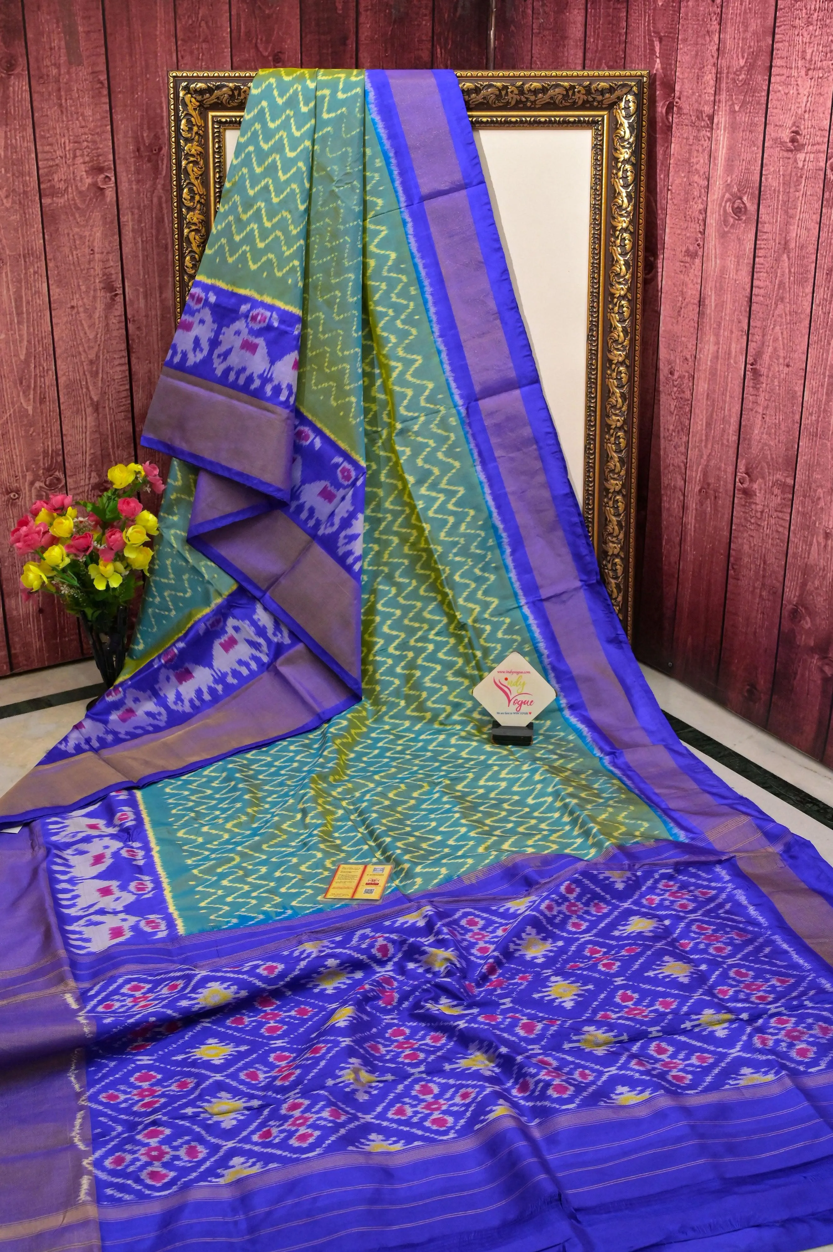 Blue and Green Color Twill Ikat Patola Silk Saree