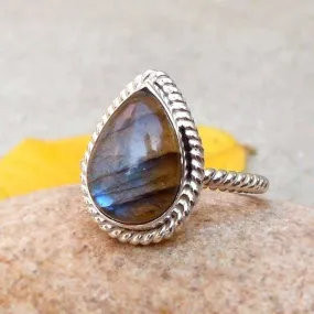 Blue Fire Natural Labradorite Sterling Silver Ring Pear Shape Gemstone Rings Teardrop ring