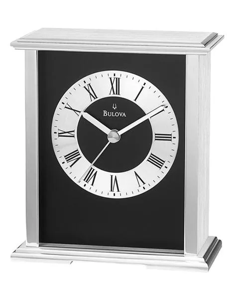 Bulova Baron Solid Aluminum Desk Clock - Black Dial & Spun Aluminum Chapter Ring