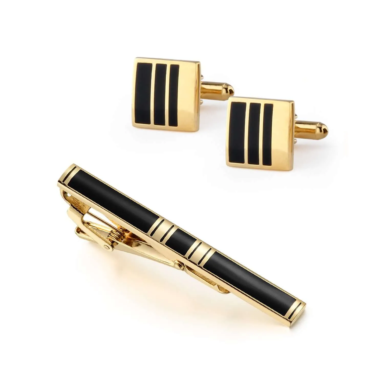 Business Enamel Black Gold Plated Men's Tie Clip Swank Cufflinks