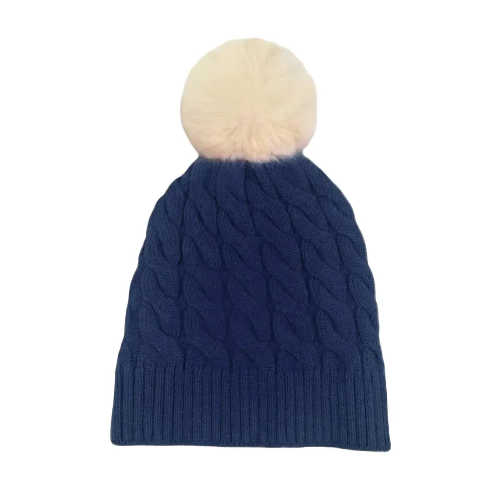 Cable Knit Faux Fur Pom Pom Beanie Hat